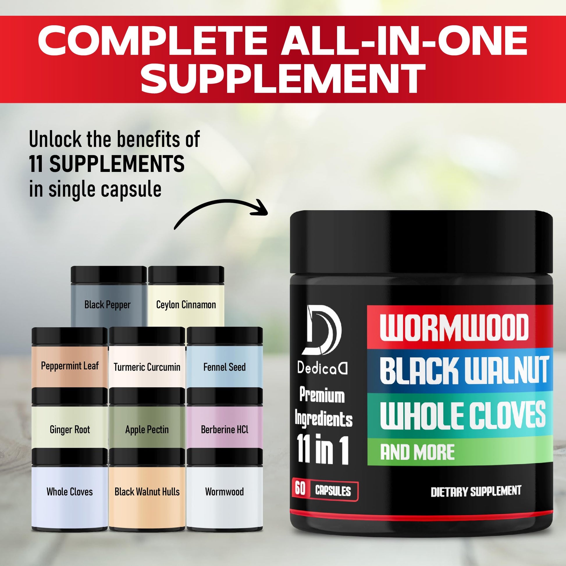 DEDICAD Wormwood Capsules Supplement - Extracted from Black Walnut, Cloves, Turmeric, Apple, Berberine HCl & More - 11 Ingredients Combined for Immune System, Body Management - 60 Capsules DEDICAD Au supplements