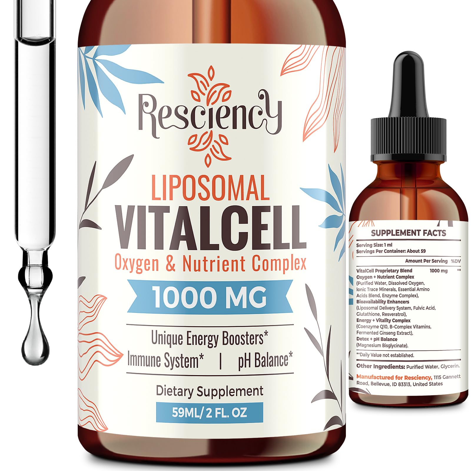 13-in-1 Liquid Oxygen Boost & Nutrient Supplement, Liposomal Optimized-Delivery Blend with Trace Minerals, Amino Acids, CoQ10, B Vitamins & Fulvic Acid, Daily Wellness Liquid Oxygen Drops, 2 fl oz Resciency Au supplements