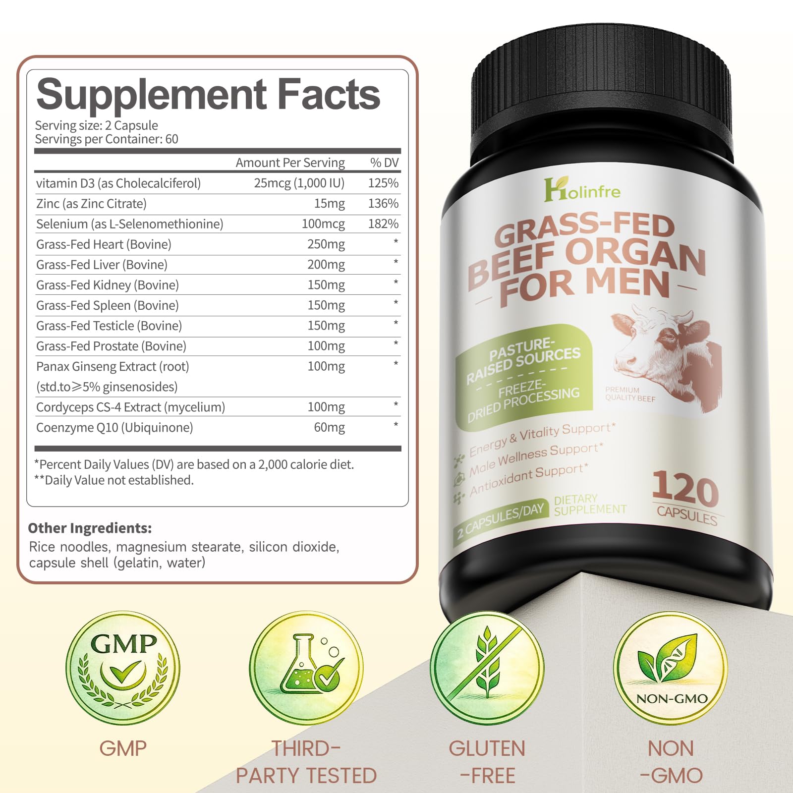 Grass Fed Beef Organ Supplement for Men - Beef Liver Capsules,Pasture Raised Beef Organs with Heart, Liver, Kidney, Spleen, Testicle & Prostate, Zinc, Selenium, Vitamin D3, Ginseng, Cordyceps HOLINFRE Au supplements