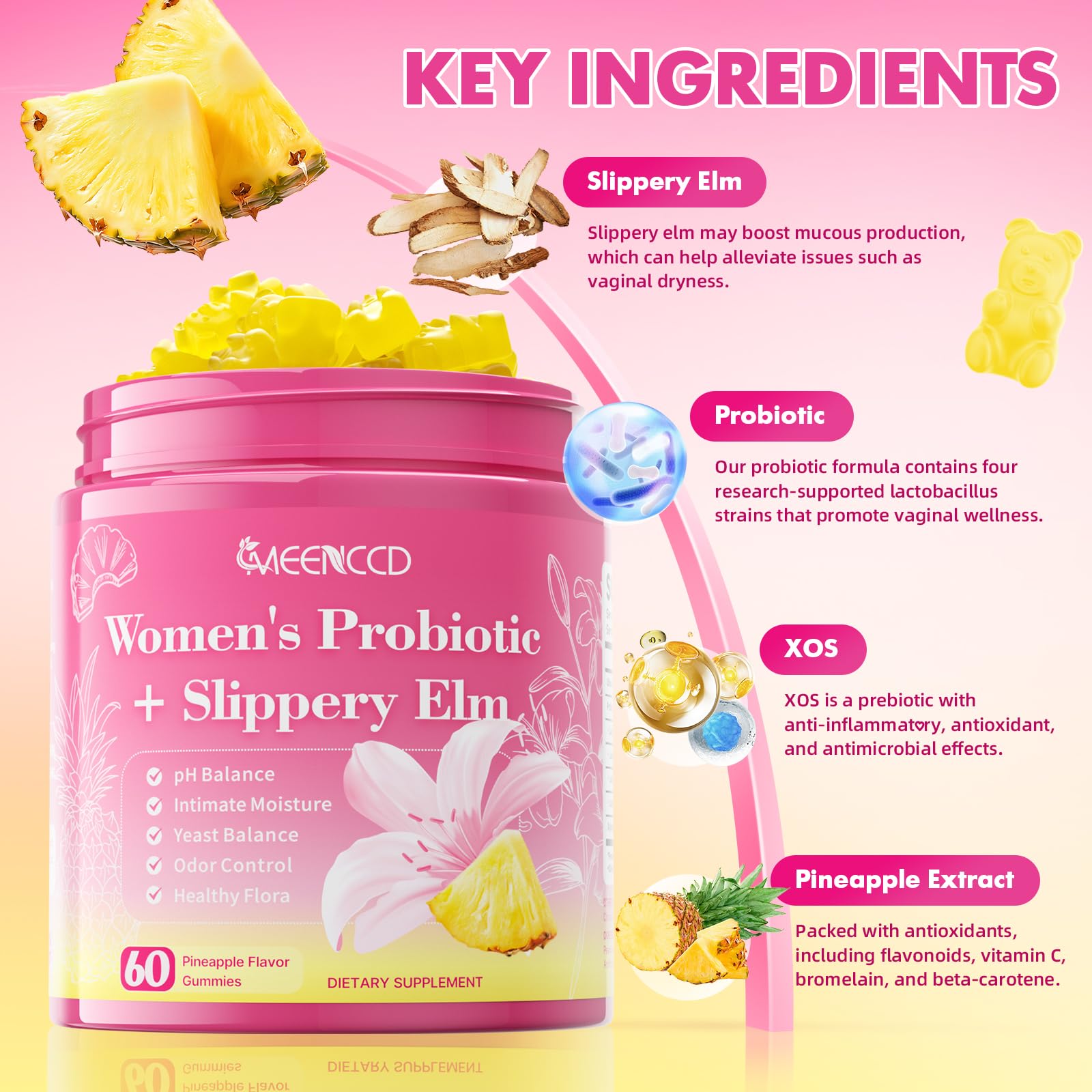 MEENCCD Her Juicy Feminine Probiotics Gummies with Slippery Elm & Lactobacillus Blend, Supports pH Balance & Immune Function, Promotes Vaginal Wellness, Pineapple Flavor, 60 Count MEENCCD Au supplements