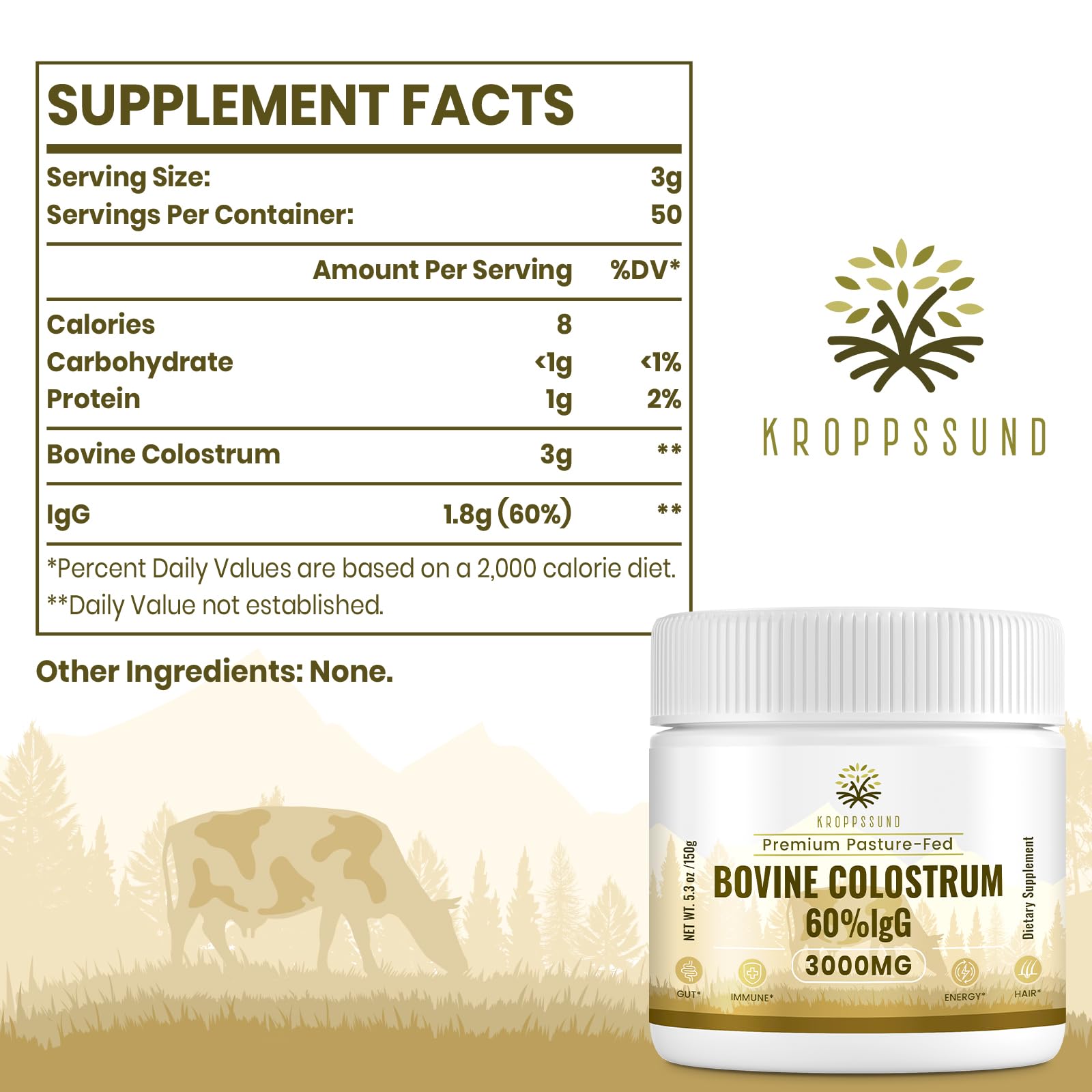 Kroppssund Bovine Colostrum Powder Supplement 3000 mg - Extra High 60% IgG Bovine Colostrum - Gut, Bone, Exercise, Immune - 50 Servings (1 Bottle) Kroppssund Au supplements