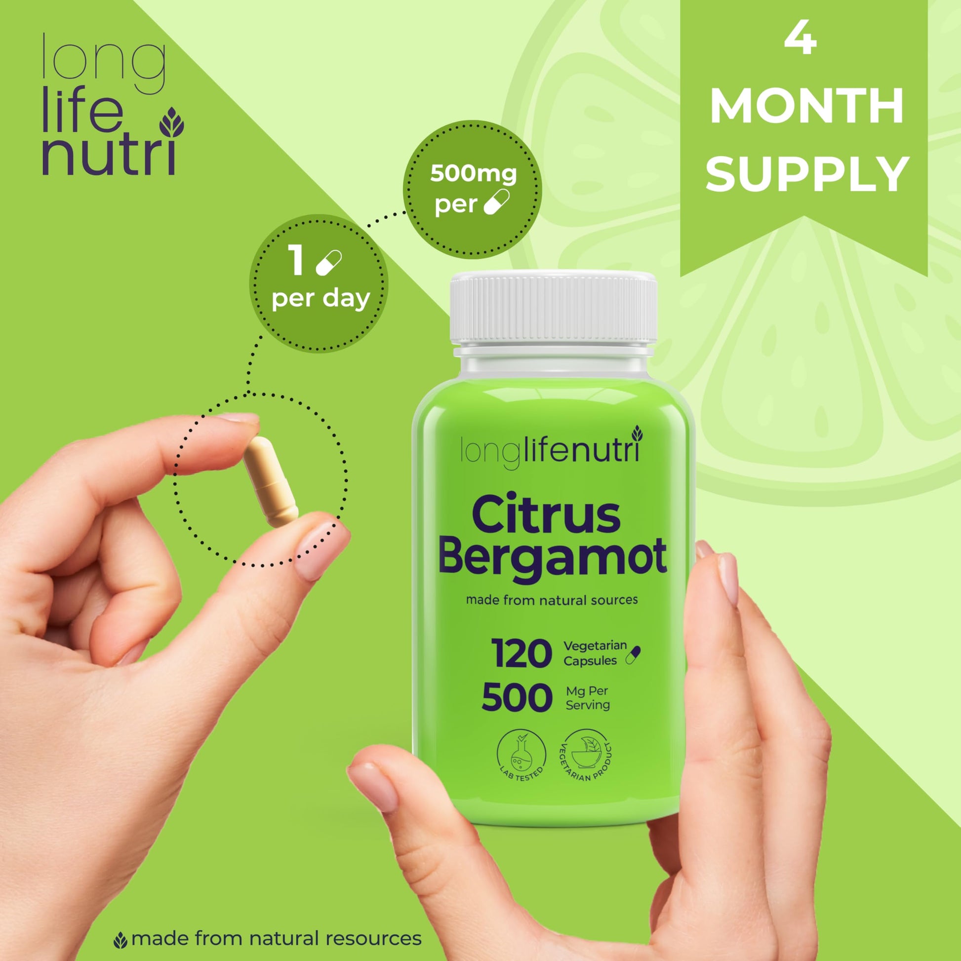 LongLifeNutri Citrus Bergamot Extract 500mg - 120 Vegetarian Capsules, 40% Polyphenolic Flavanones, 4-Month Supply, Plant-Based Anti-Oxidant, Tested, Made in USA LongLifeNutri Au supplements