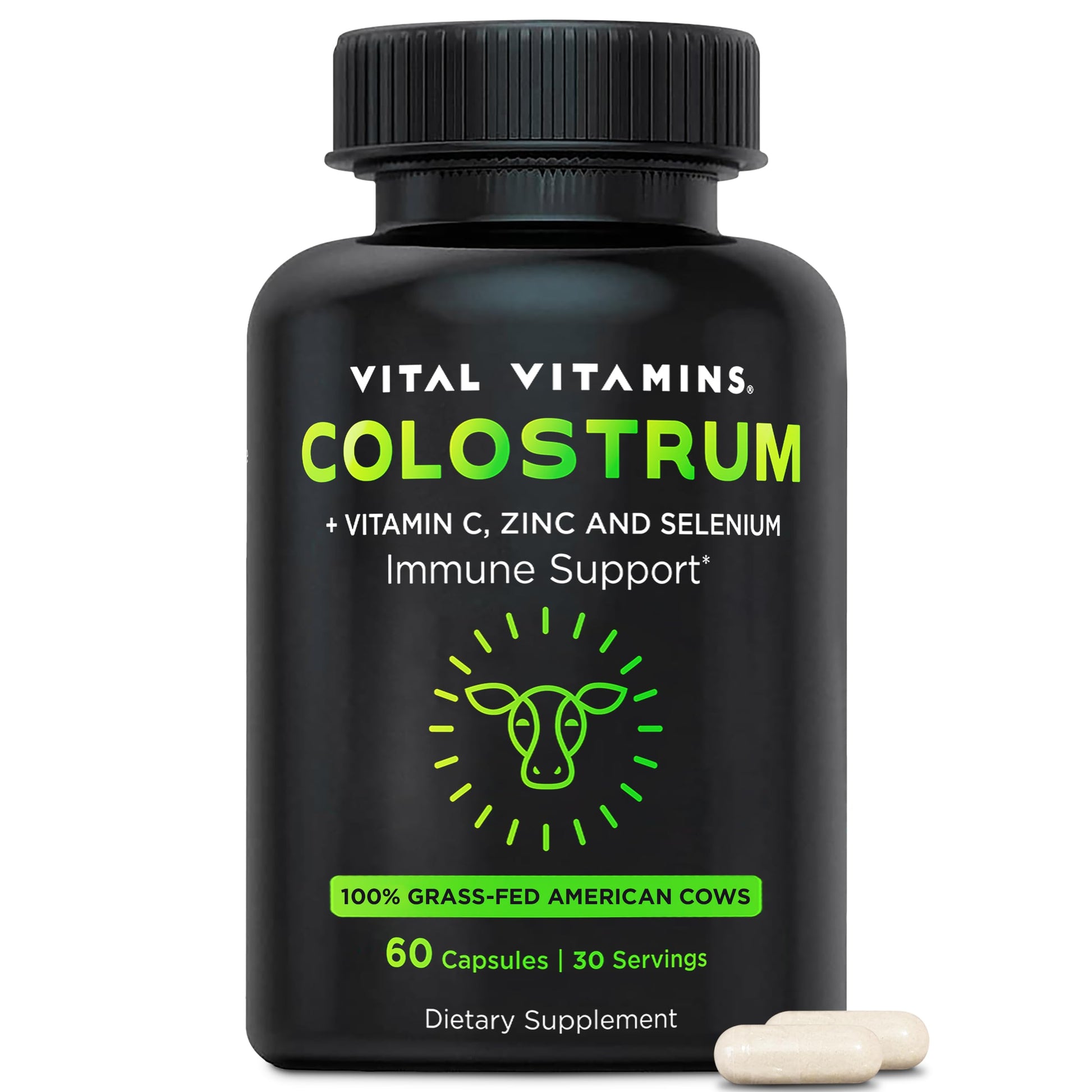 Vital Vitamins Colostrum Supplement - Vitamin C, Zinc, & Selenium - from First Milking - Standardized to Contain 10% IgG Immunoglobulins - Grass-Fed American Cows - 60 Capsules Vital Vitamins Au supplements