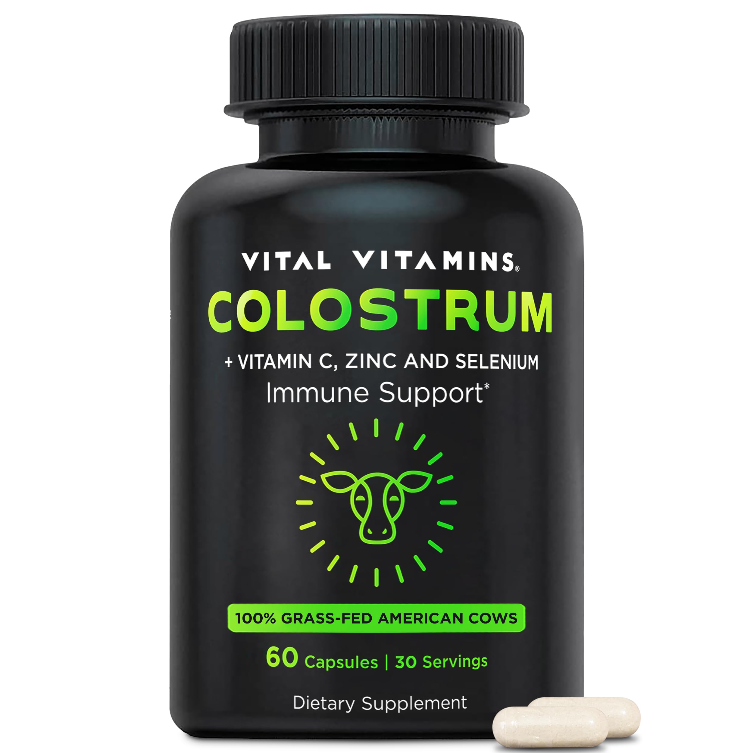 Vital Vitamins Colostrum Supplement - Vitamin C, Zinc, & Selenium - from First Milking - Standardized to Contain 10% IgG Immunoglobulins - Grass-Fed American Cows - 60 Capsules Vital Vitamins Au supplements
