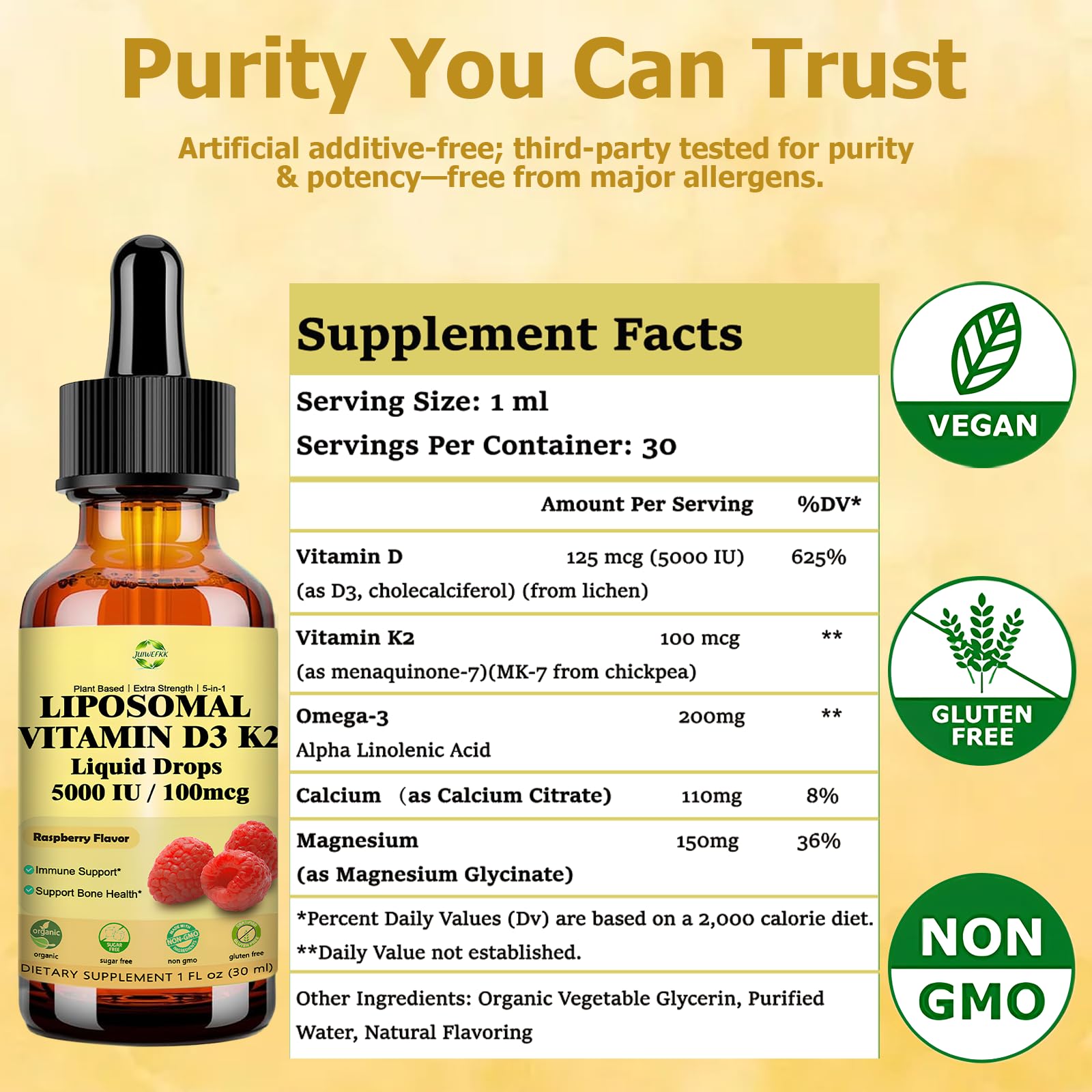 Liquid Vitamin D3 K2 Drops with Calcium Magnesium Omega3, High Potency 5-in-1 D3 K2 Vitamin 5000 IU Supplement for Bone Health, Heart Teeth & Immue, Ultra High Absorption Liposomal D3K2 Plant-Based JUIWEFKK Au supplements