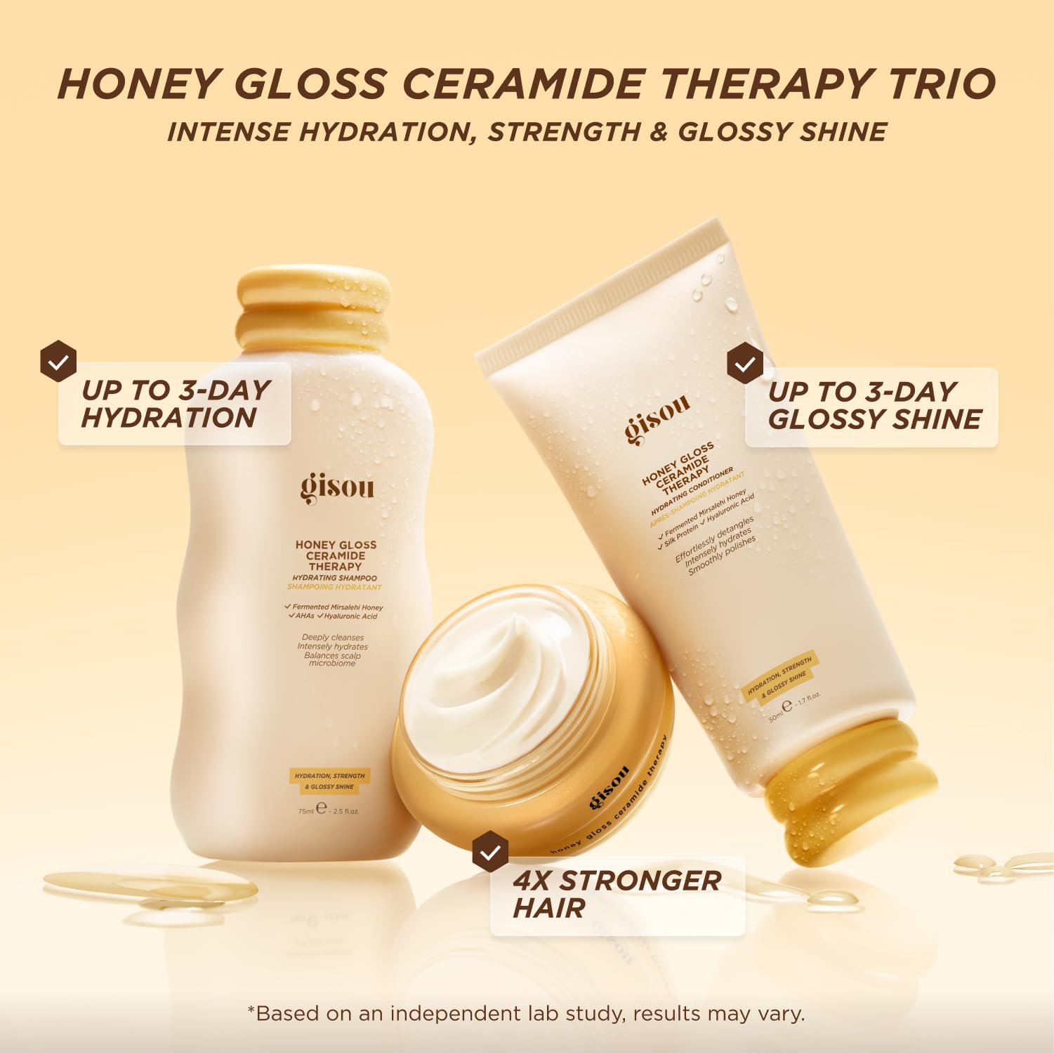 Gisou Honey Gloss Hair Therapy Trio - Mini Shampoo, Hair Mask and Conditioner for smoother, stronger and glossier hair Gisou Au supplements