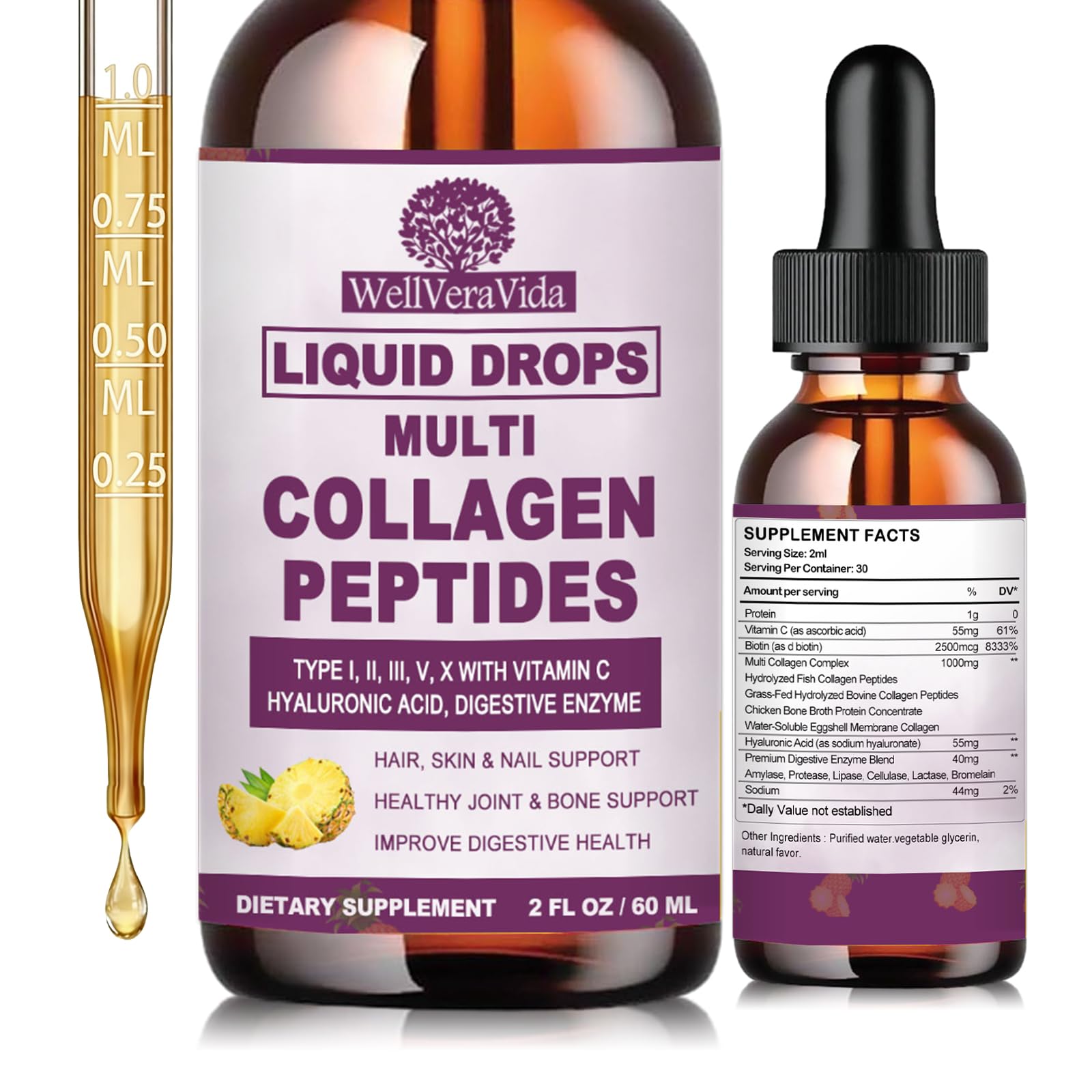 Multi Collagen Peptides Liquid Drops, 2oz – Types I, II, III, V, X, Hydrolyzed Collagen Complex for Hair, Skin, Nails, Bones & Joint Support | Collagen Supplement w. Hyaluronic Acid, Biotin, Vitamin C WellVeraVida Au supplements