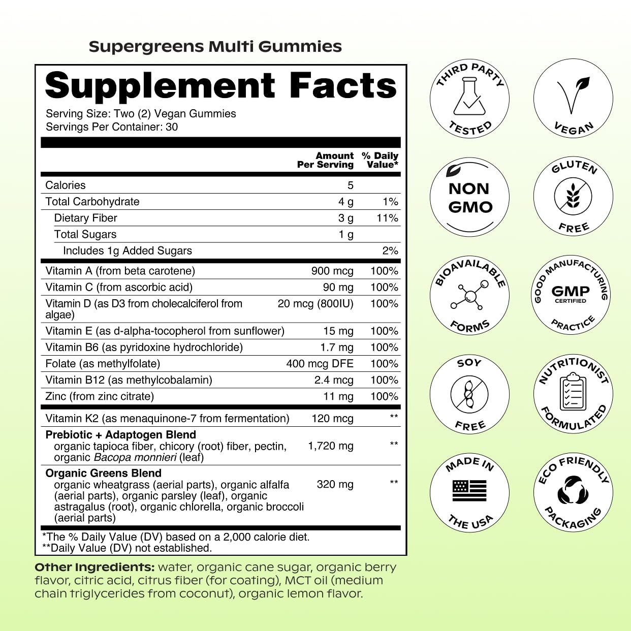 wholier Daily Supergreens Gummies, Greens Supplement with Prebiotics, Fiber, Adaptogens, Vegan Multivitamin, 9 Essential Vitamins + Minerals, 1g Sugar, 2 Gummy Serving (60 Gummies, 30 Day Supply) wholier Au supplements