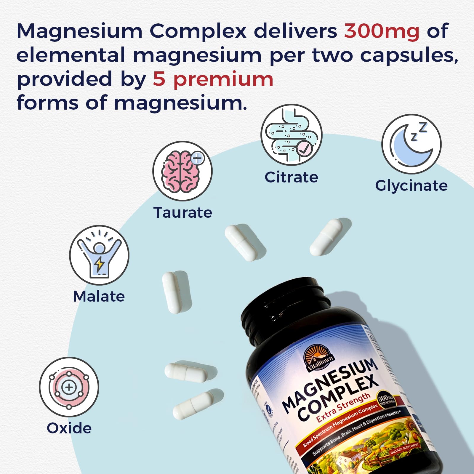 Vitalitown Magnesium Complex Supplement | 300mg Elemental Mag | Magnesium Citrate Glycinate Taurate Malate | Non-GMO, No Gluten, 90 Vegan Magnesio Capsules for Bone Brain Heart Vitalitown Au supplements
