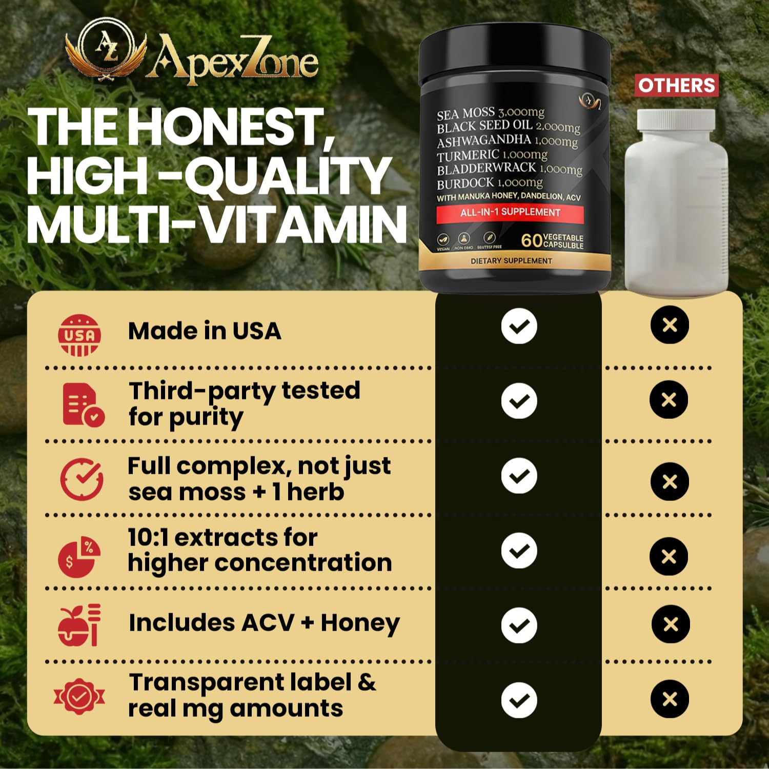 AZ ApexZone True Sea Moss Capsules Black Seed Oil Ashwagandha Burdock Root, Tumeric Supplement with Manuka Honey, Dandelion Root ACV - 60 Capsules - Multi Vitamin AZ ApexZone Au supplements