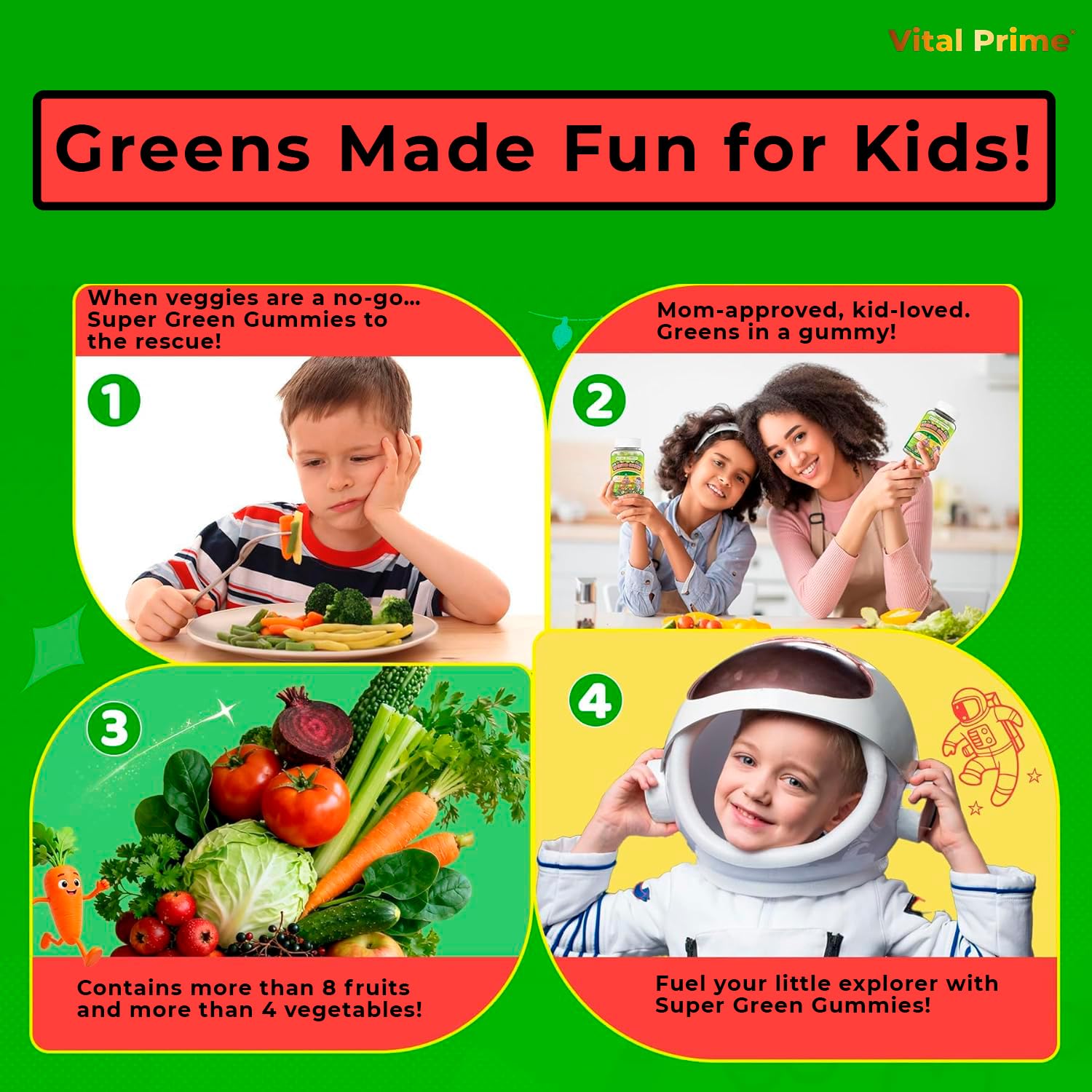 FourRoar Vital Prime Super Green Gummies for Kids 90 Count Strawberry & Watermelon Flavor | Fruit and Vegetable Gummies | Vegan Veggies Gummy Multivitamin for Kids FourRoar Au supplements