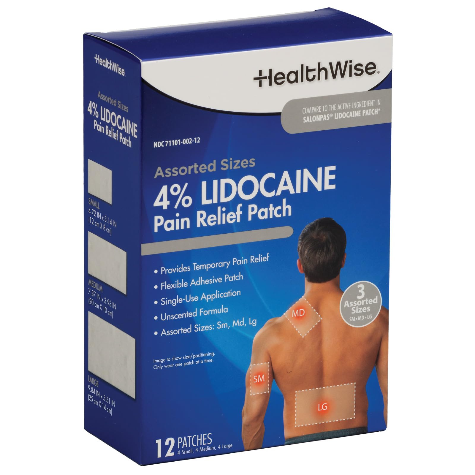 HealthWise Lidocaine Pain Patch | 4% OTC Lidocaine | 12-Count Assorted Sizes | Paraben-Free Formula | Temporarily Soothes Minor Aches and Pains | Unscented | Flexible Application HealthWise Au supplements