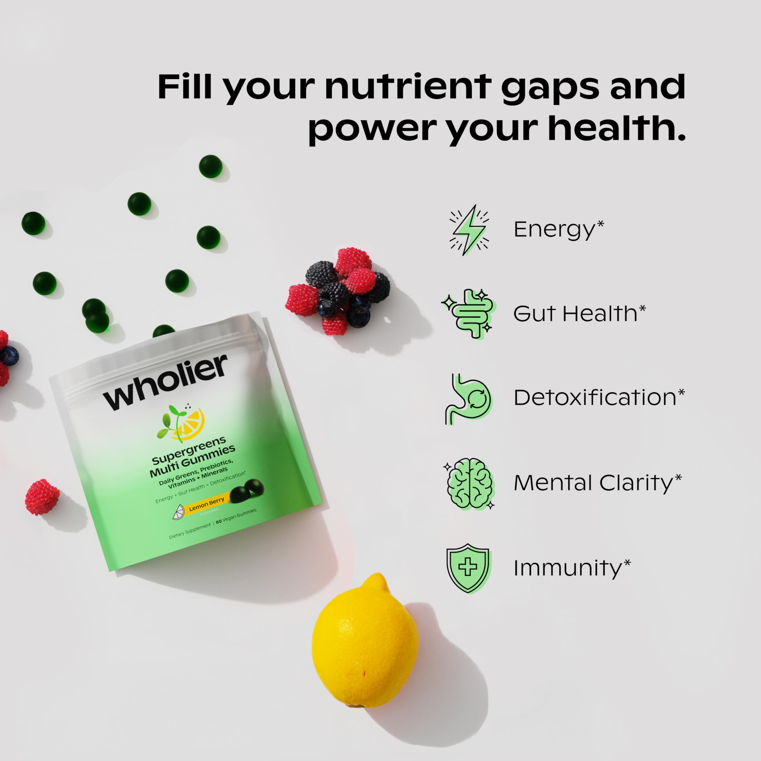 wholier Daily Supergreens Gummies, Greens Supplement with Prebiotics, Fiber, Adaptogens, Vegan Multivitamin, 9 Essential Vitamins + Minerals, 1g Sugar, 2 Gummy Serving (60 Gummies, 30 Day Supply) wholier Au supplements