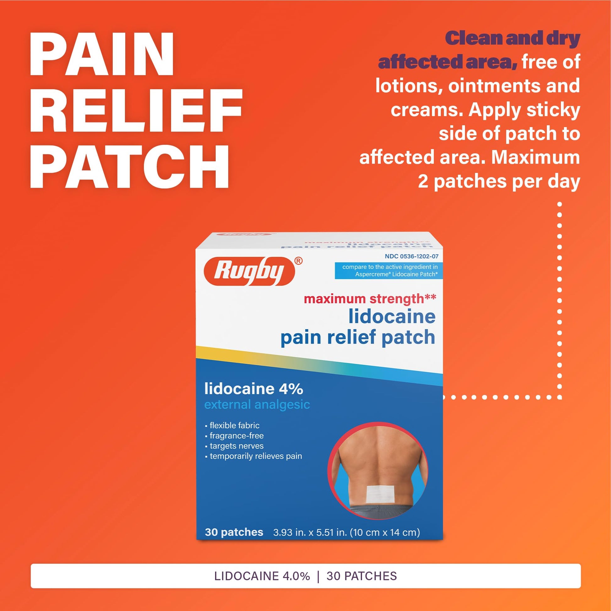 Rugby Maximum Strength Lidocaine Pain Relief Patch - 4% Lidocaine - Topical Anesthetic - Unscented - 30 Patches (1 Pack) RUGBY LABORATORIES Au supplements