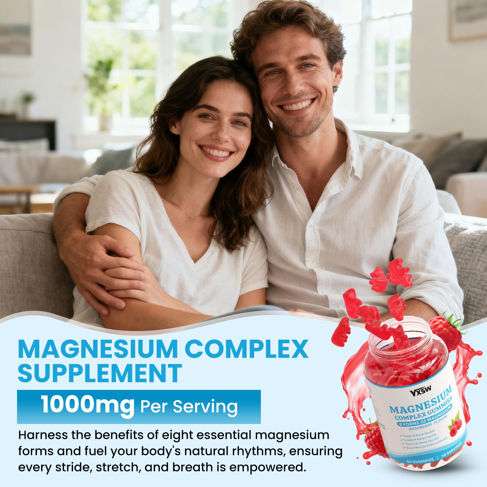 Magnesium Complex Gummies 8 Elemental 1000mg - Magnesium Glycinate, Citrate, Malate, Taurate, Supports Bones, Muscle, Nerve Health, for Women & Men, Vegan Non-GMO, Raspberry Flavor, 60 Count YXSW Au supplements