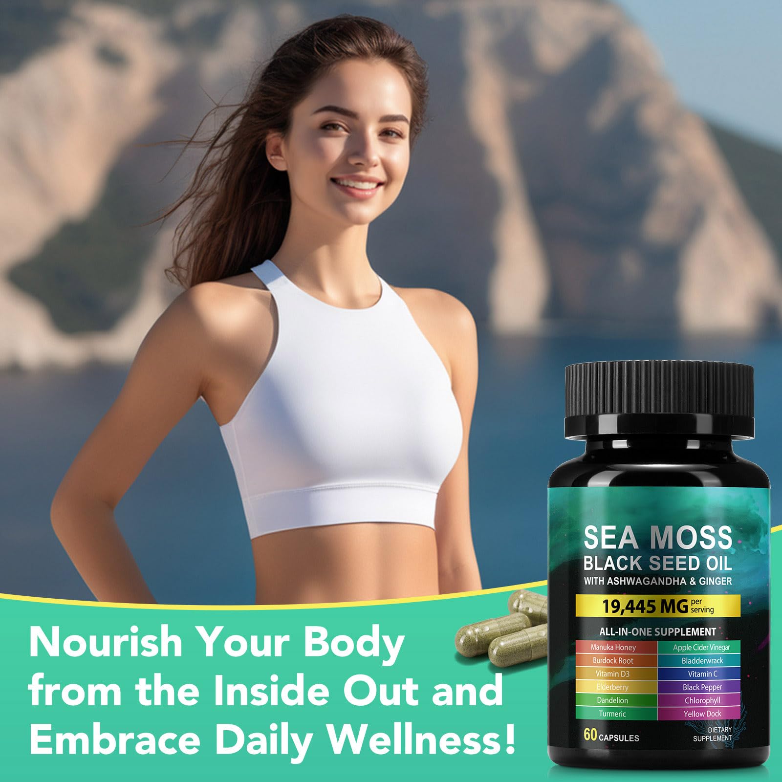 Sea Moss Black Seed Oil Ashwagandha Ginger Capsules, Seamoss Capsules Supplement with Bladderwrack Burdock & Vitamin C Vitamin D3 for Women & Men-Enhanced Immunity,60 Counts Vceeoy Au supplements