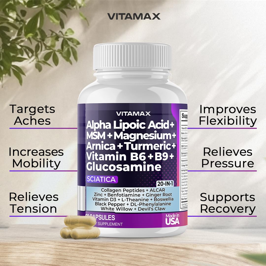 Sciatic Nerve Health Support - Sciatic Nerve Supplement Capsules with Folic Acid, Pea, Glucosamine, MSM, Vitamin B Complex, Alpha Lipoic Acid 300mg – 60ct – Made in USA Vitamax Au supplements