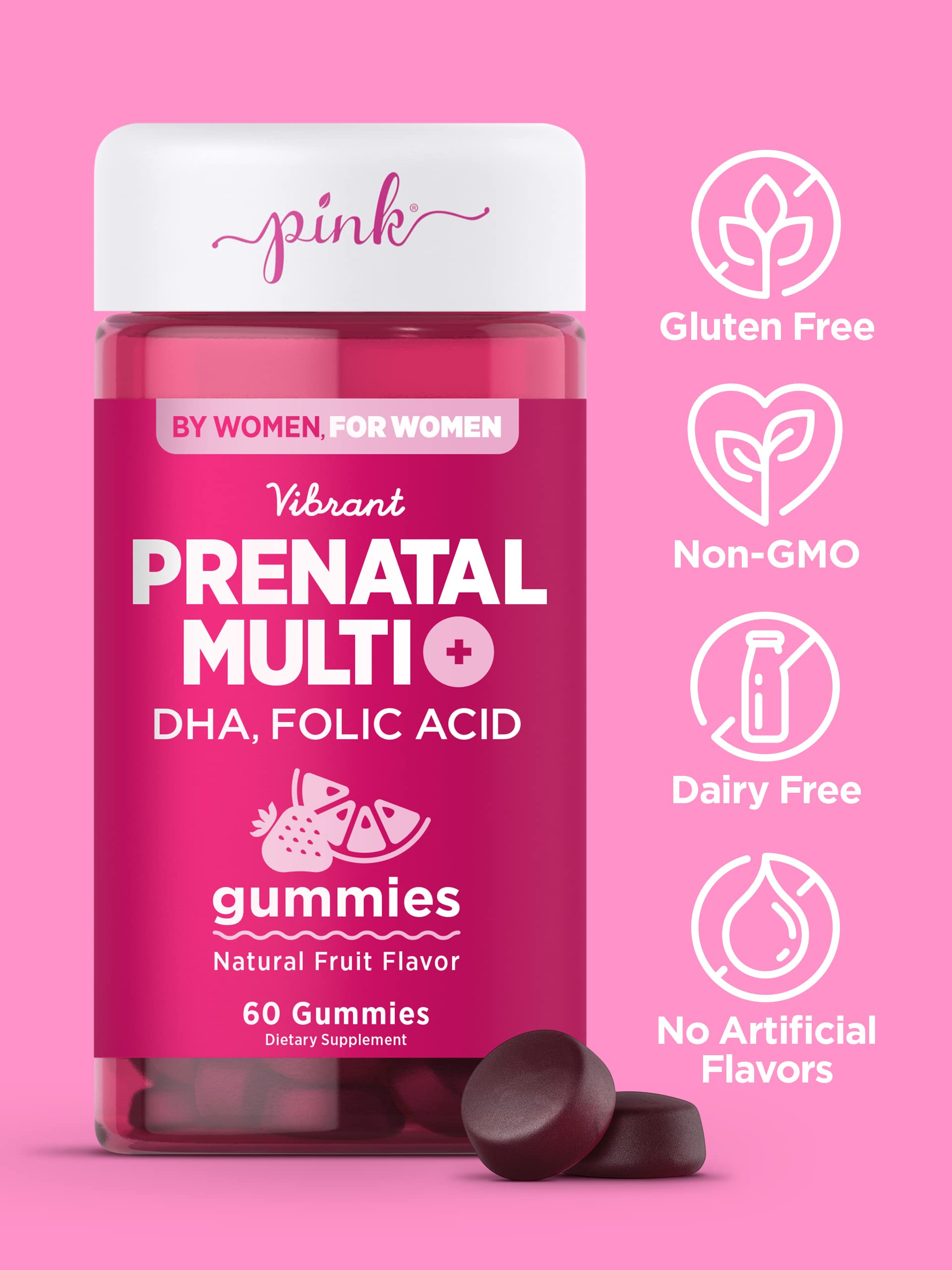PINK Prenatal Vitamins | 60 Gummies with DHA and Folic Acid | Non-GMO & Gluten Free Multivitamin