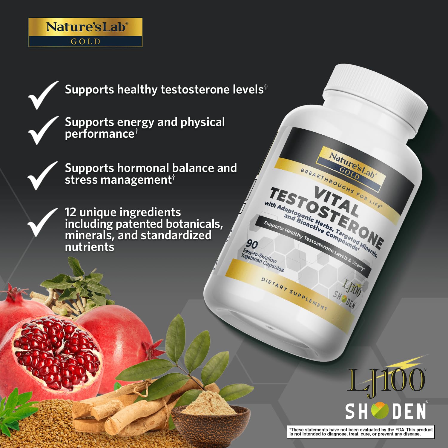 Nature's Lab Gold Vital Testosterone with Adaptogenic Herbs, Targeted Minerals and Bioactive Compounds* - Supports Healthy Testosterone Levels & Vitality* - 90 Capsules (30 Day Supply) Nature's Lab Au supplements