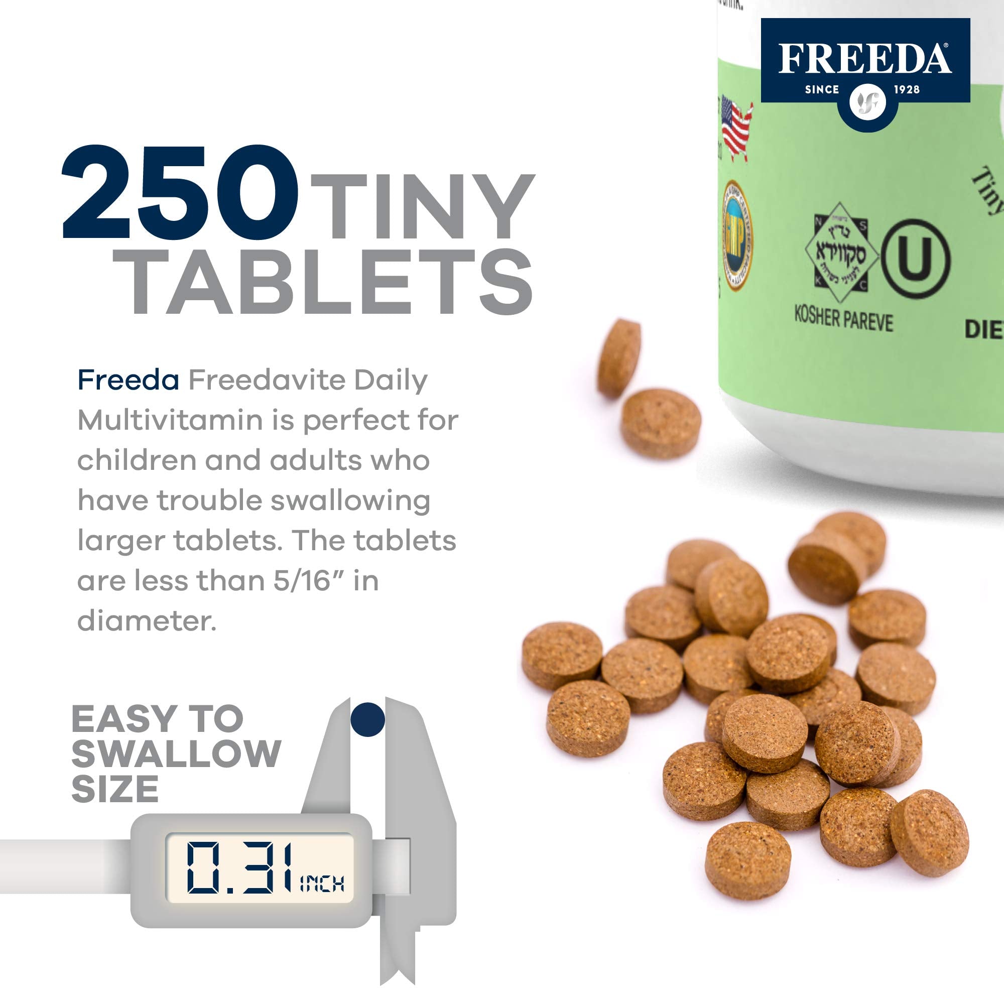 Freedavite Tiny Tablet - Moderate Multivitamin for Men and Women - Pure Vitamin A, C, D, E, B1, B2, B6, B12, Biotin, Calcium, Zinc, Iron, Magnesium
