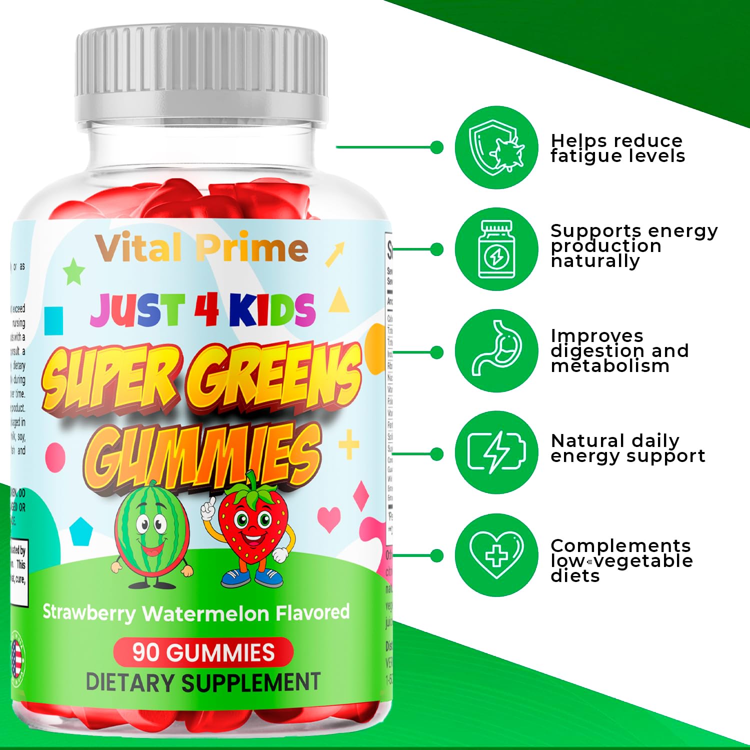 FourRoar Vital Prime Super Green Gummies for Kids 90 Count Strawberry & Watermelon Flavor | Fruit and Vegetable Gummies | Vegan Veggies Gummy Multivitamin for Kids FourRoar Au supplements