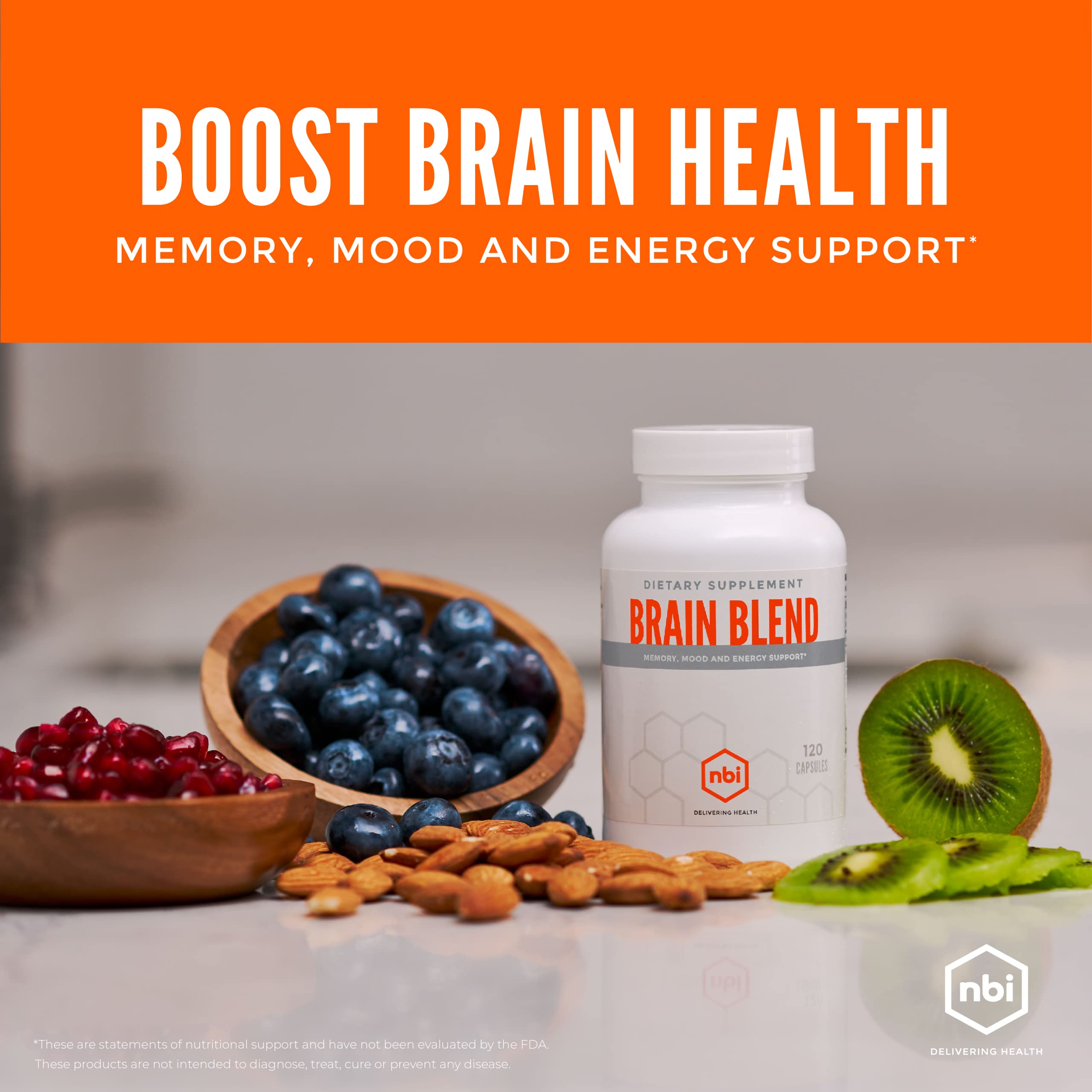 NBI Brain Blend for Memory, Focus, Concentration, Cognitive Function for Men & Women | Caffeine-Free with ALCAR, Alpha Lipoic Acid, Huperzine A, Turmeric | Nootropic | 120ct Capsules NBI Au supplements