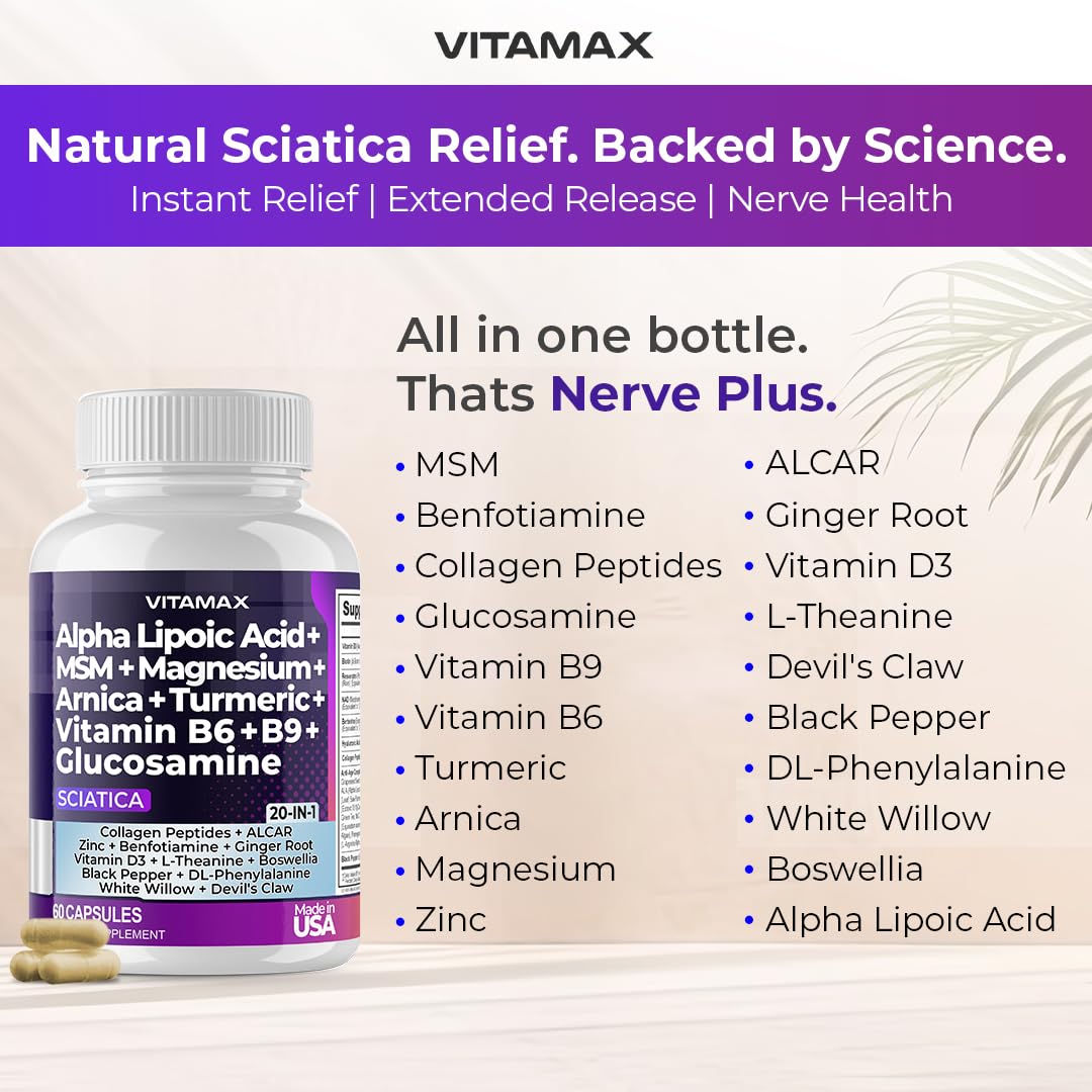 Sciatic Nerve Health Support - Sciatic Nerve Supplement Capsules with Folic Acid, Pea, Glucosamine, MSM, Vitamin B Complex, Alpha Lipoic Acid 300mg – 60ct – Made in USA Vitamax Au supplements