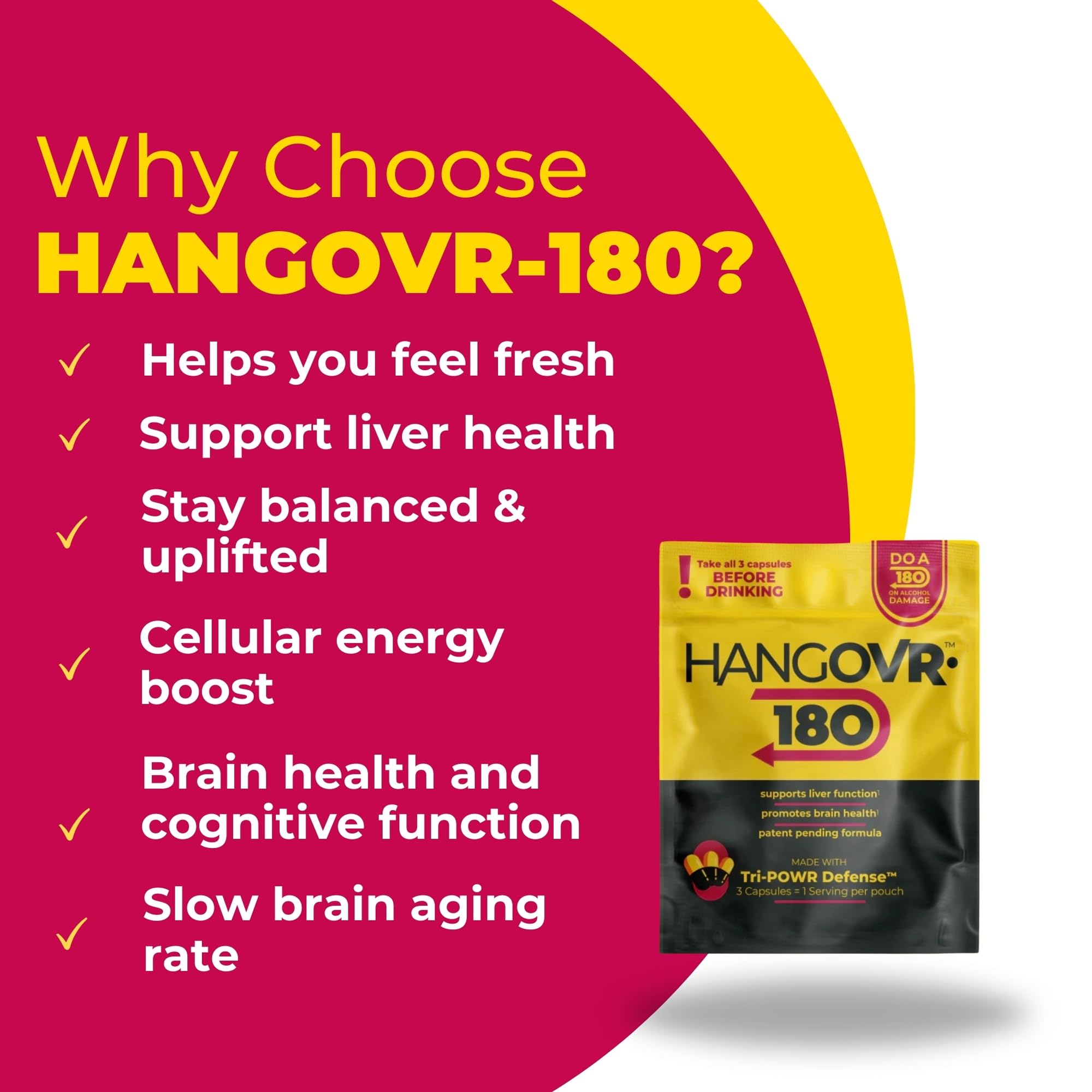 Hangovr 180 Tri-Power Before Drinking Defense 4 Pack - Support Liver & Brain Health, Feel Fresher & Better Energy - - Take Before Drinking for Relief, 3 Capsules per Pouch HANGOVR-180 Au supplements
