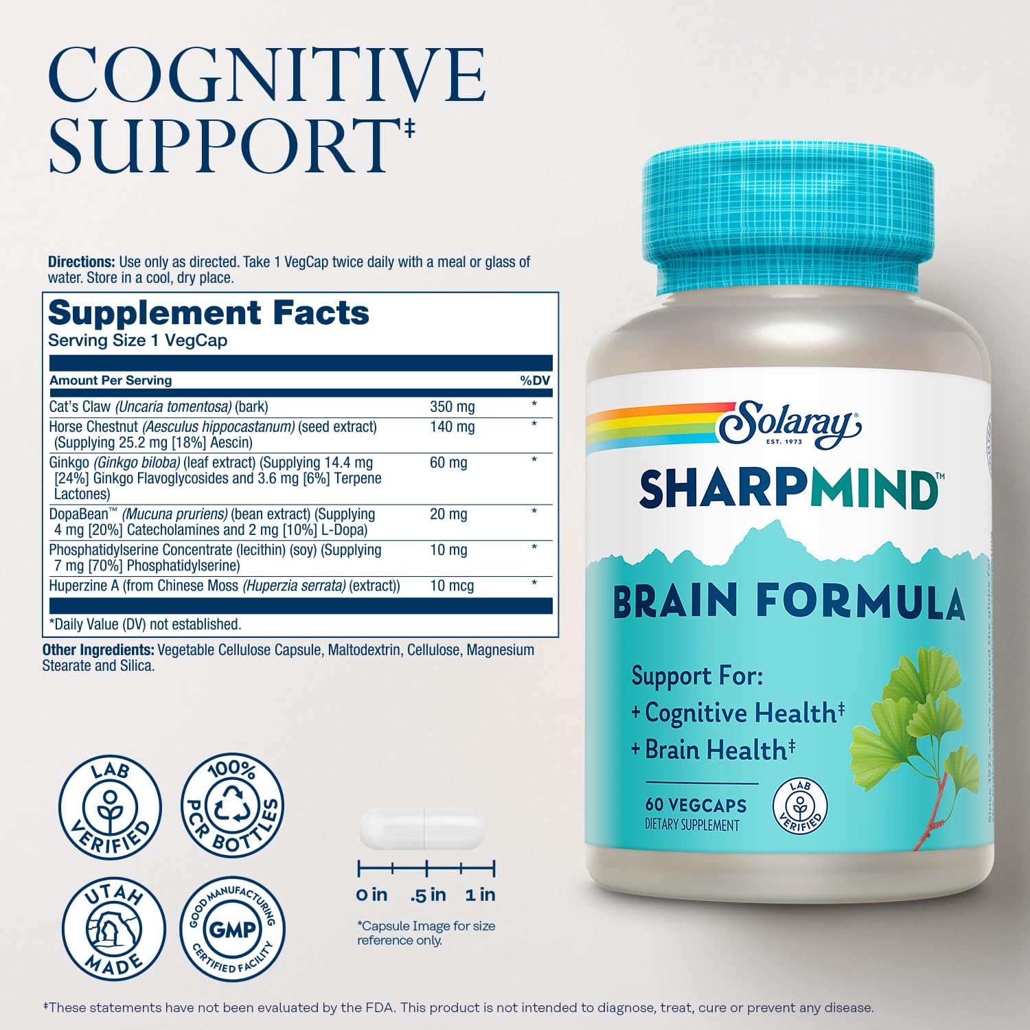 SOLARAY SharpMind Brain Support Formula - Nootropic Brain Supplements - Cognitive and Brain Health Support with Ginkgo Biloba - 60-Day Guarantee, 60 Servings, 60 VegCaps SOLARAY Au supplements