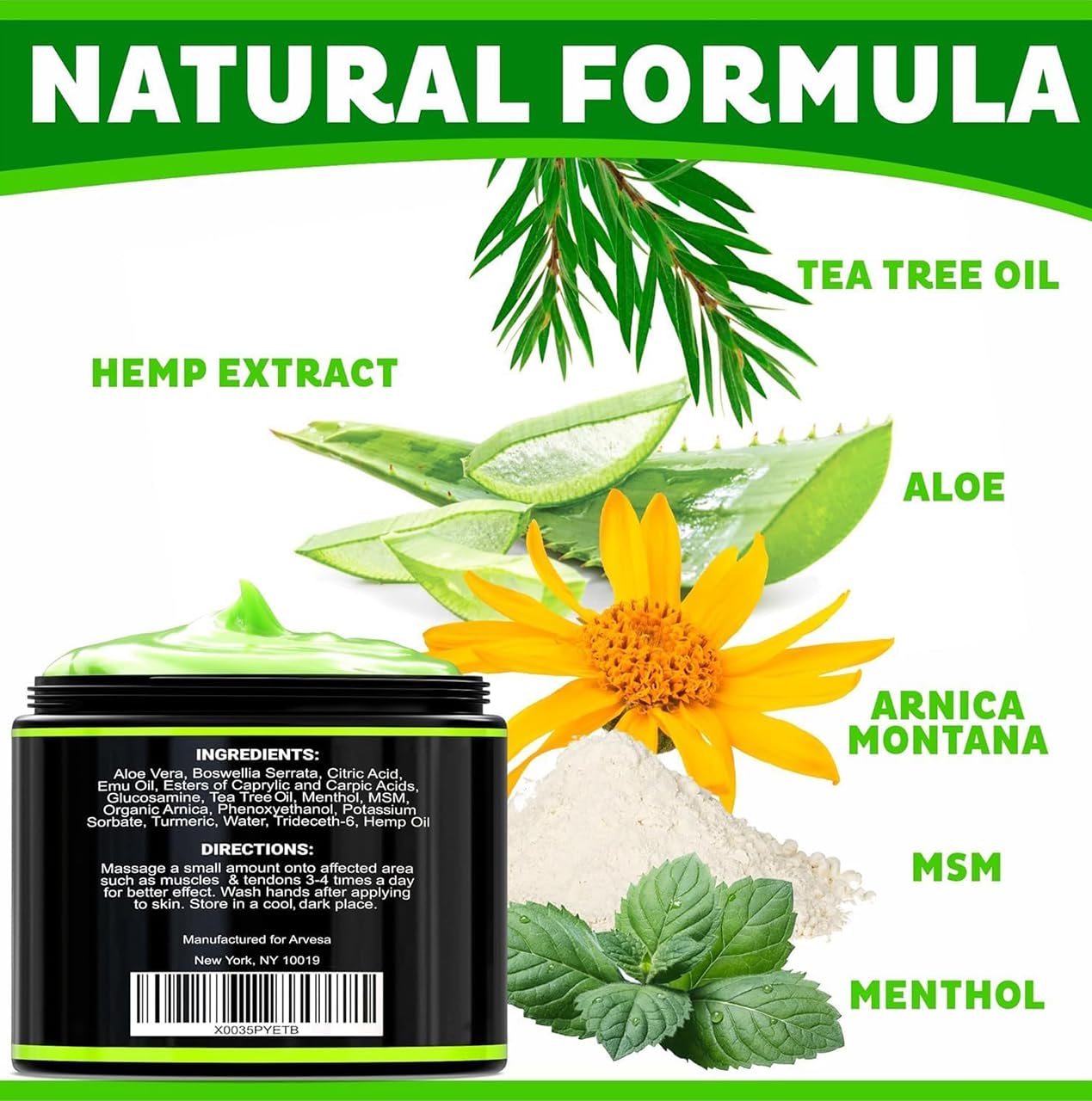 Natural Hemp Cream - Maximum Strength Gel - Hemp Cream with Arnica, MSM, Glucosamine, Menthol, Aloe, Turmeric, Boswellia - Fast Absorption, Non-Greasy, Lightweight - Advanced Formula - 4 oz Arvesa Au supplements