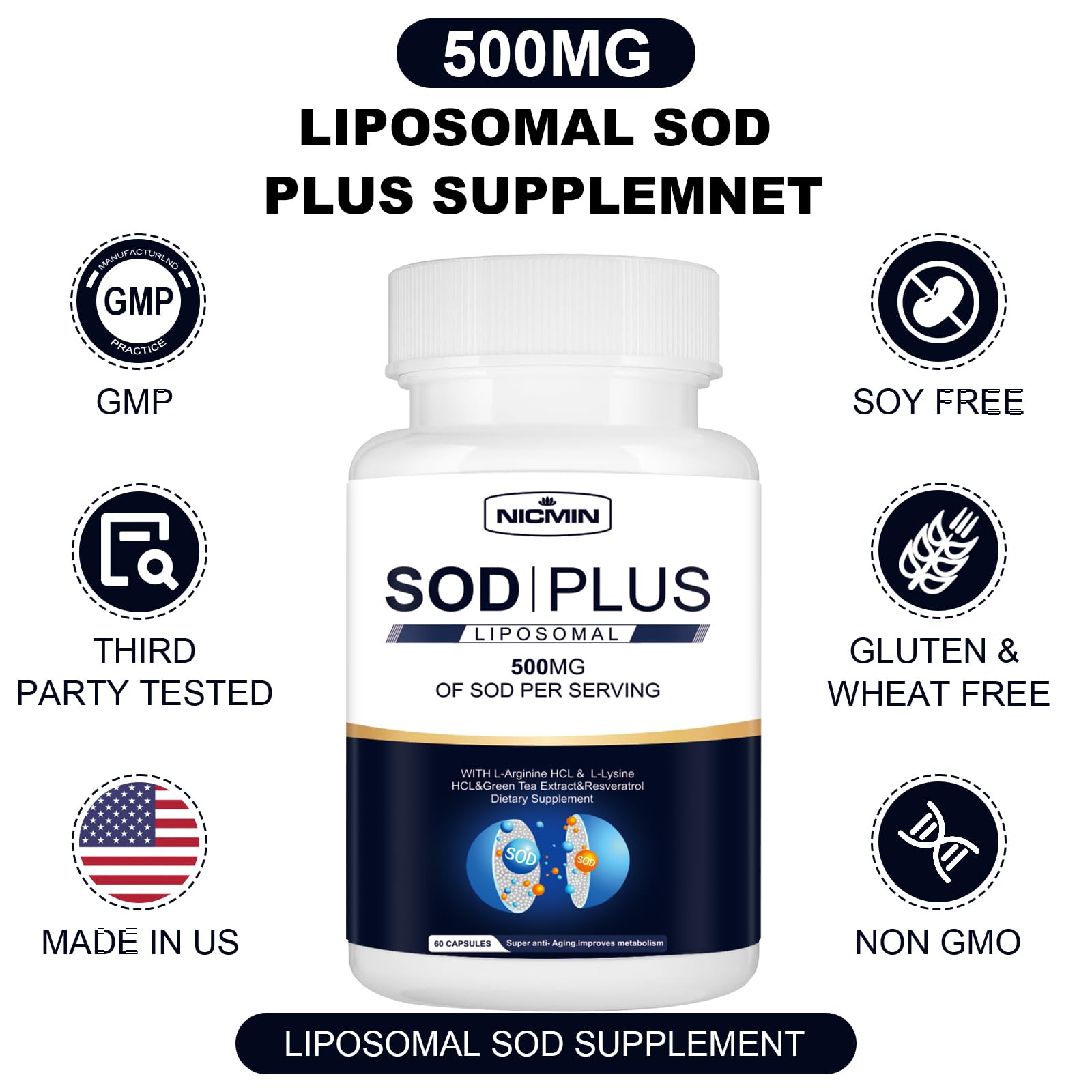 NICMIN 500MG Superoxide Dismutase Supplement - SOD Plus with Liposomal Glutathione, AKG, Green Tea Extract, L-Arginine, Lysine, Resveratrol and Vitamin E for Immune Support, Antioxidant 120 Capsules NICMIN Au supplements
