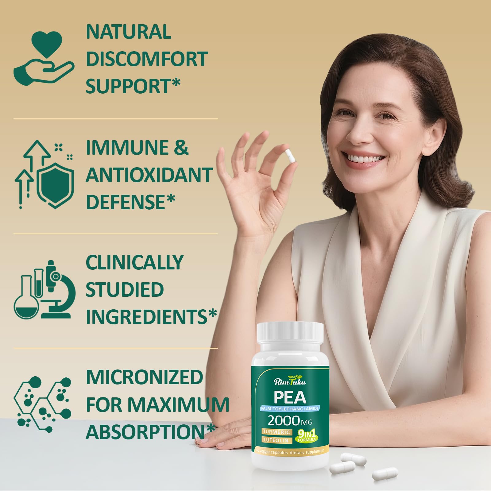 Liposomal Palmitoylethanolamide 2000MG + Luteolin 200MG + Turmeric 200MG & Fisetin 100MG, Micronized Pea 99% Highly Purified Enhanced Absorption Pea Supplement, 120 Capsules RimTuku Au supplements
