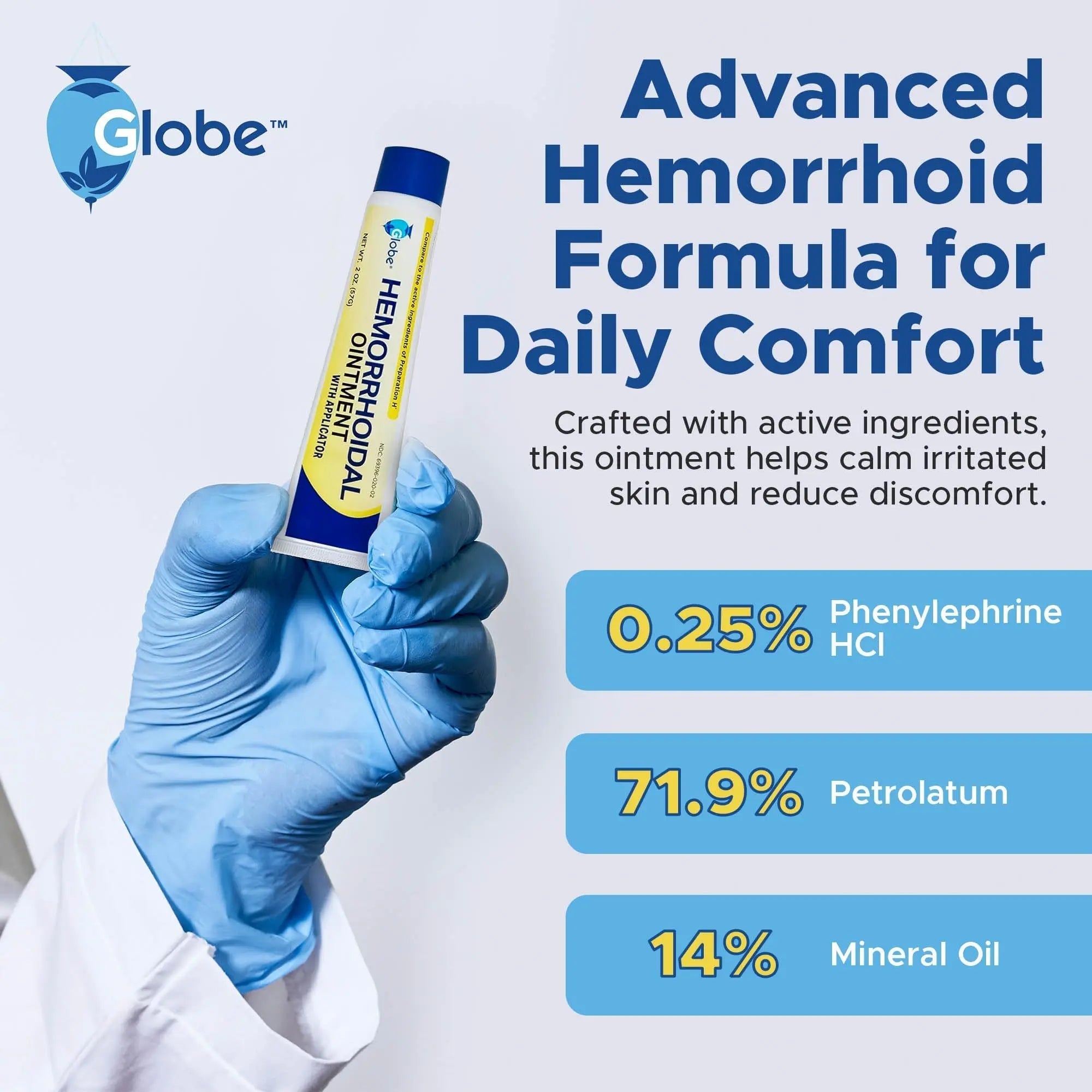 Globe Hemorrhoidal Ointment w/ Applicator, Phenylephrine HCl, Petrolatum Mineral Oil, Maximum Strength Formula for Burning, Discomfort & Itching, 2 oz Hemorrhoidal Ointment Au supplements