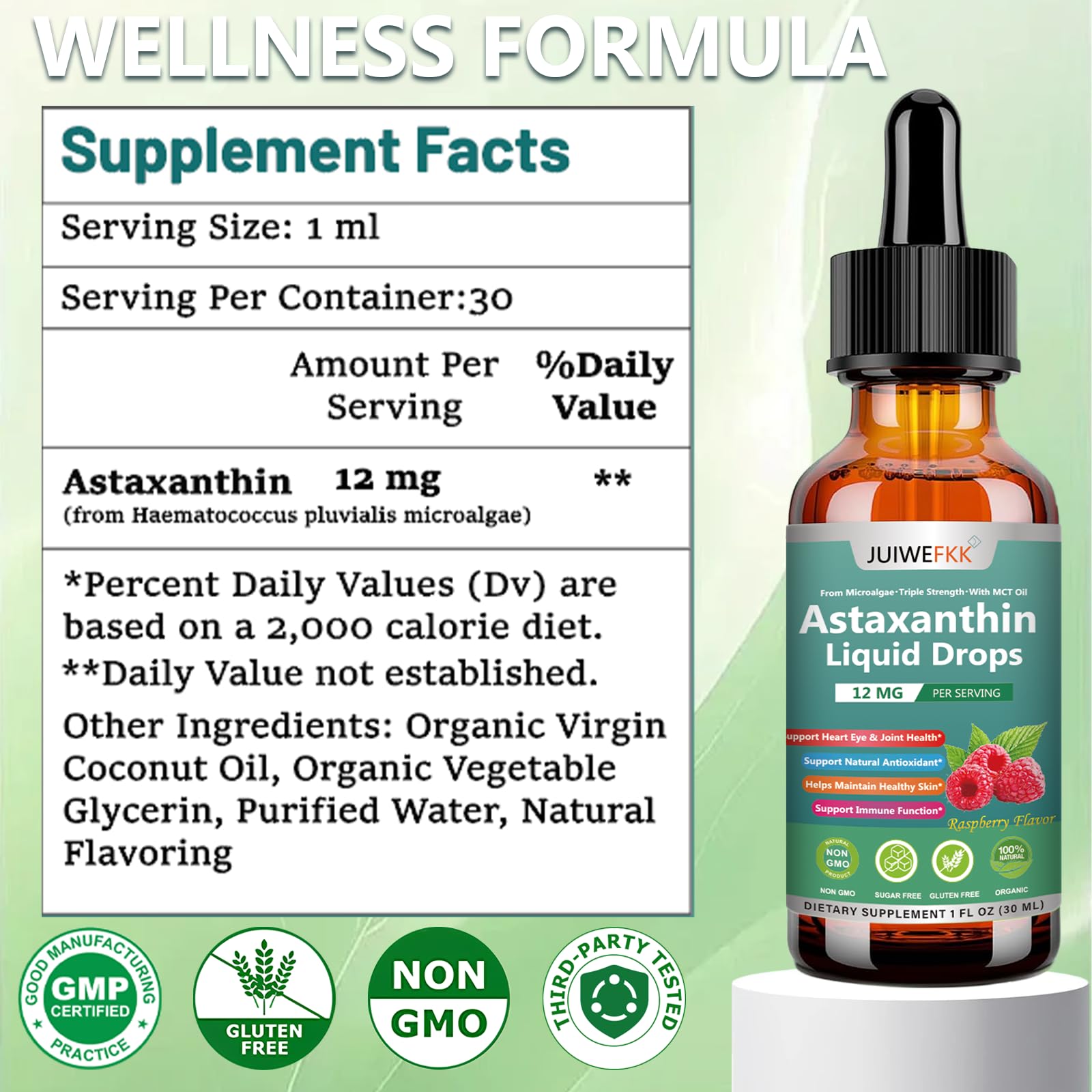 JUIWEFKK Astaxanthin Supplement 12mg Liquid Drops, Premium Natural Astaxanthin Antioxidant from Fresh Microalgae Source w. Mct Oi for Eye Immune Joint Skin Health, Liquid Formula for Max Absorption JUIWEFKK Au supplements