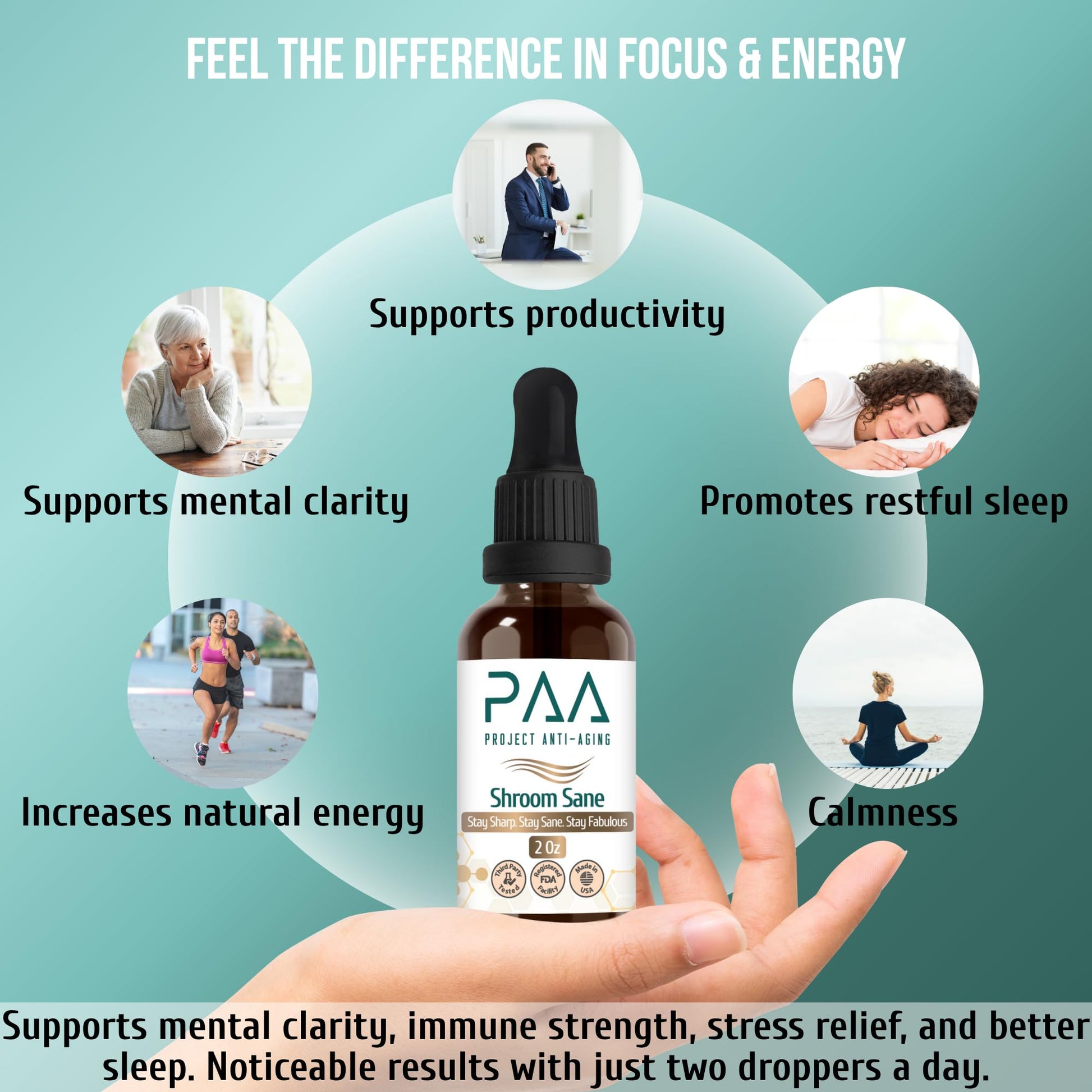 Project Anti-Aging Shroom Sane Liquid Drops with Lion’s Mane Mushroom Supplement Drops – 8 Mushroom Complex Tincture with Reishi, Cordyceps, Turkey Tail & Magnesium – USDA Organic, Vegan, Project Anti-Aging Au supplements