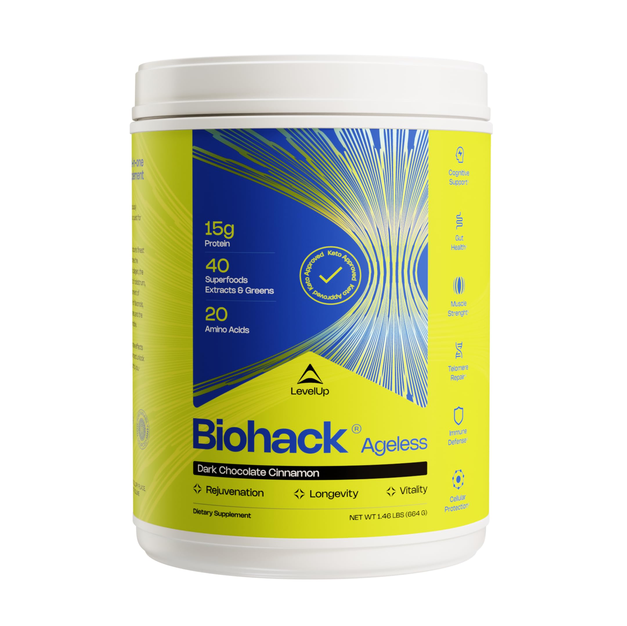 LevelUp Biohack Ageless: Colostrum Collagen Superfoods Antioxidants Spermidine Amino Acids Creatine for Women and Men, Total Body Rejuvenation (Dark Chocolate Cinnamon) LevelUp Au supplements