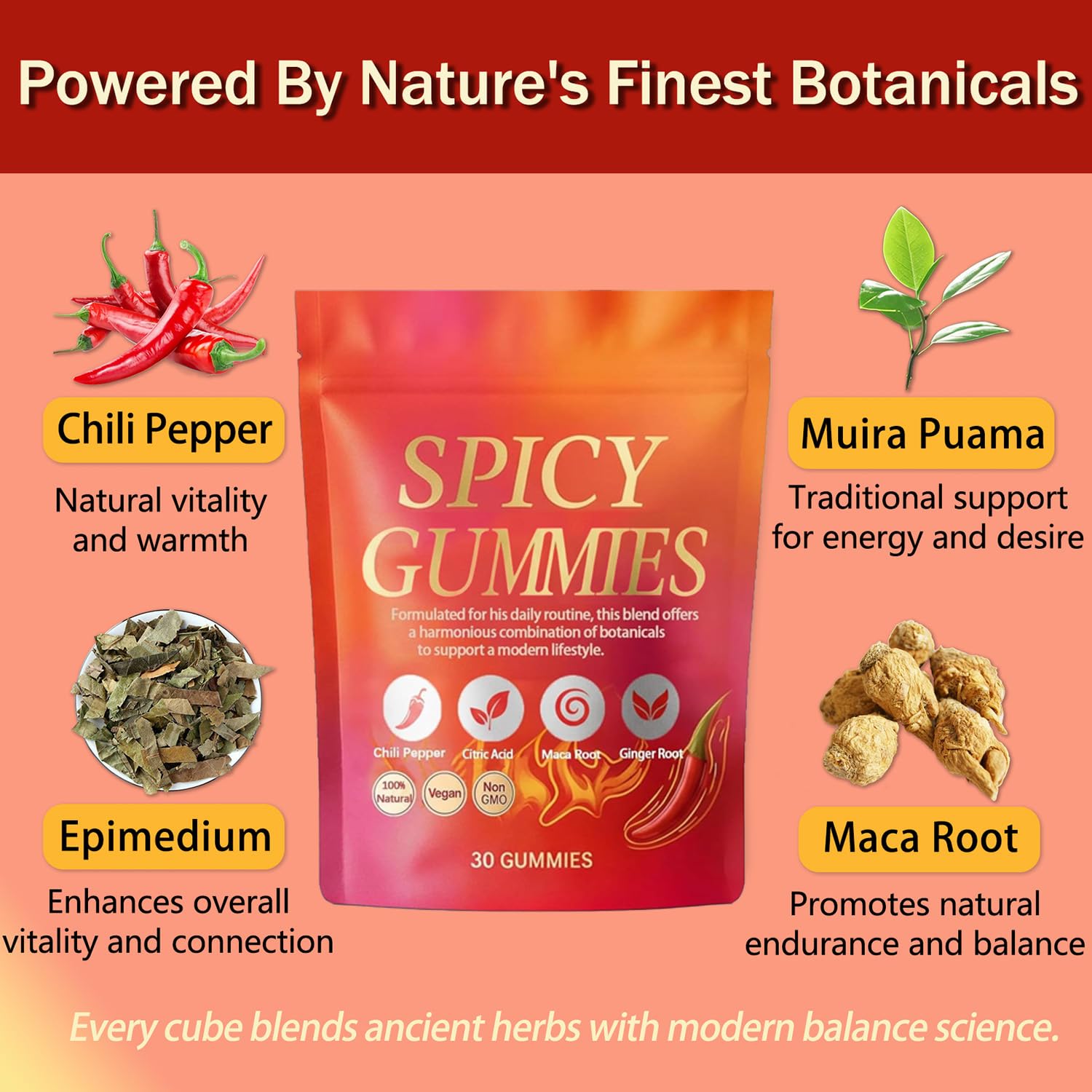 Spicy Gummy, Hot Peach Gummies – Natural Chili Flavor, Promote Calmness and Intimacy Wellness, 30 Gummies Voererh Au supplements