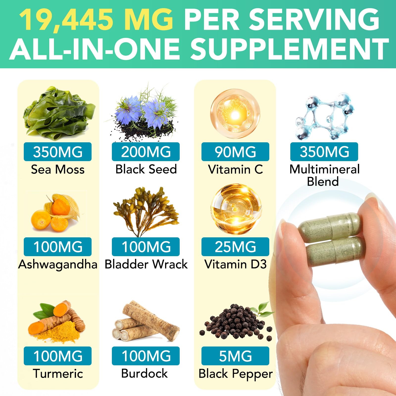 Sea Moss Black Seed Oil Ashwagandha Ginger Capsules, Seamoss Capsules Supplement with Bladderwrack Burdock & Vitamin C Vitamin D3 for Women & Men-Enhanced Immunity,60 Counts Vceeoy Au supplements
