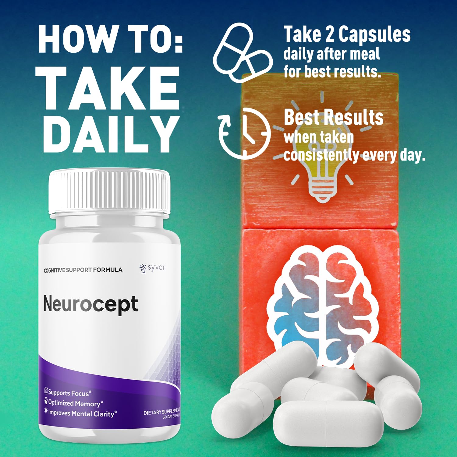Neurocept Capsules, Official Neurocept Brain Supplement Pills with All Natural Ingredients, Advanced Formula Support Pills with Maximum Strength Premium Vitamins for Women and Men (60 Capsules) Syvor Au supplements