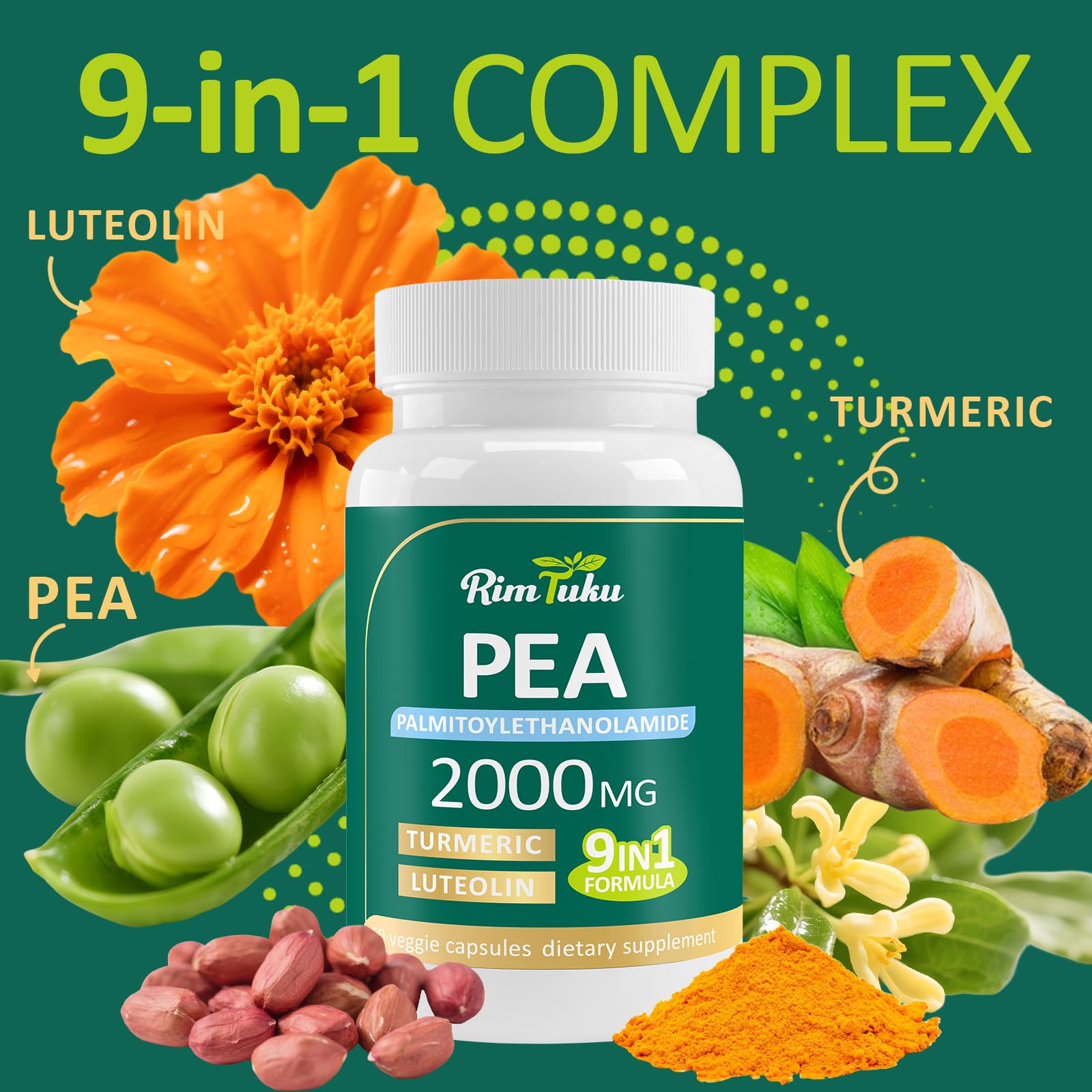 Liposomal Palmitoylethanolamide 2000MG + Luteolin 200MG + Turmeric 200MG & Fisetin 100MG, Micronized Pea 99% Highly Purified Enhanced Absorption Pea Supplement, 120 Capsules RimTuku Au supplements