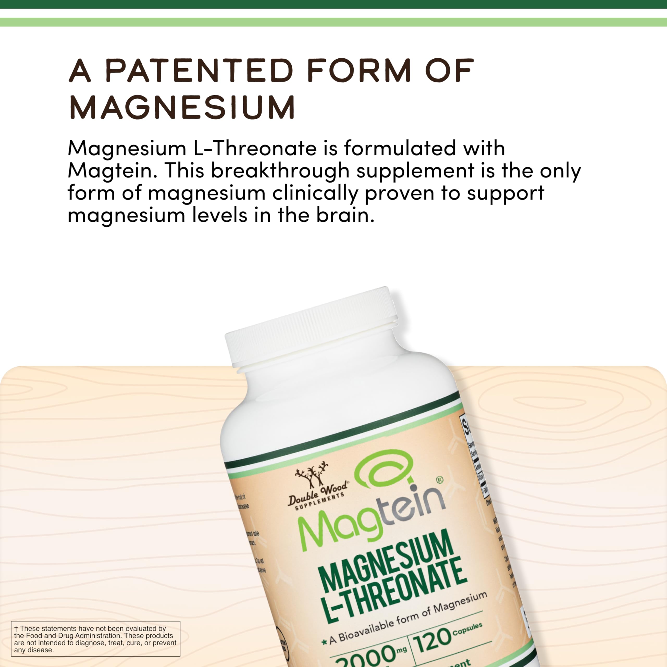 Magnesium L Threonate, Magtein - NSF Certified - Sleep and Cognitive Support – High Absorption – Most Bioavailable Form of Magnesium – 2,000 mg – 120 Capsules Double Wood Supplements Au supplements