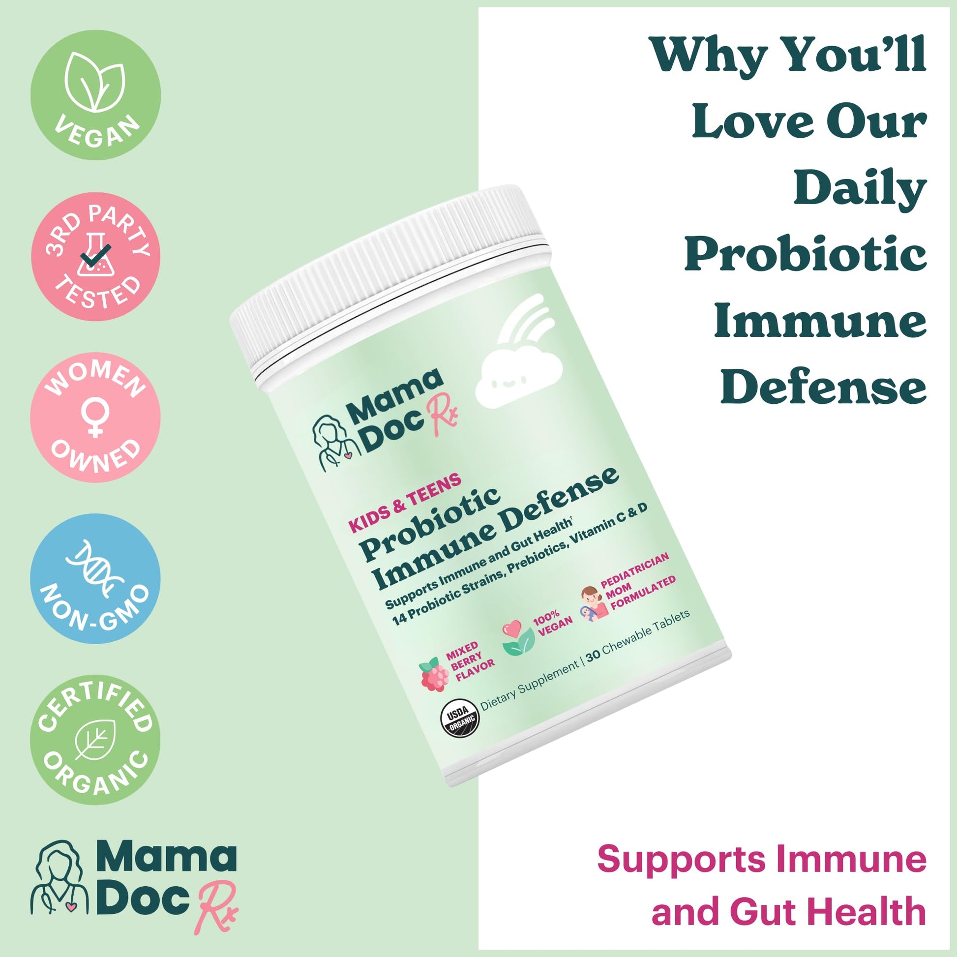 MamaDoc Rx Certified Organic Kids & Teens Probiotic Immune Defense - 5 Billion CFUs | Sugar Free, Vegan, Gluten-Free | 14 Probiotic Strains, Prebiotics, Vitamin C & D | 30 Chewable Tablets, Ages 4+ MamaDoc Rx Au supplements