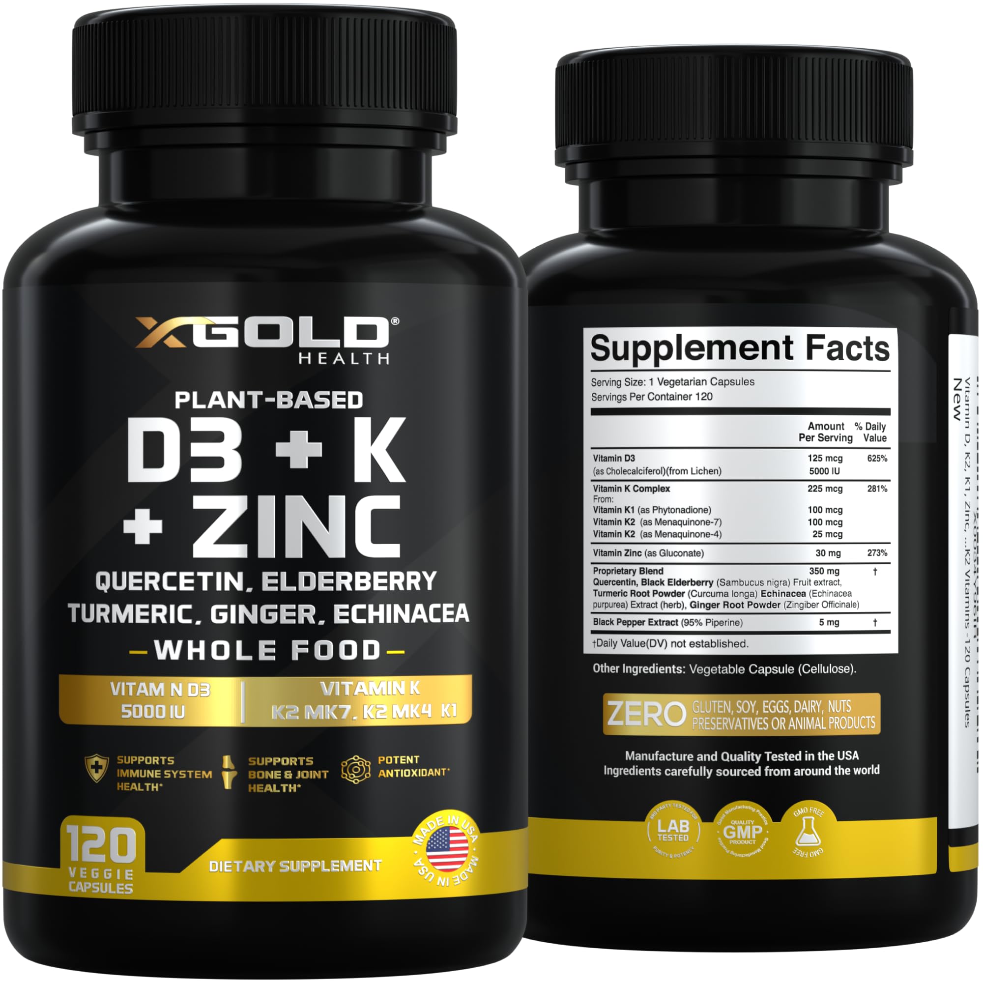 Vitamin D, K2, K1, Zinc, Quercetin, Elderberry, Turmeric, Ginger & Echinacea Whole Food Supplement 8 in 1- D3 5000 IU Plant-Based from Lichen, Vitamin K (K2 MK7, MK4, K1), D3 K2 Vitamins -120 Capsules X Gold Health Au supplements