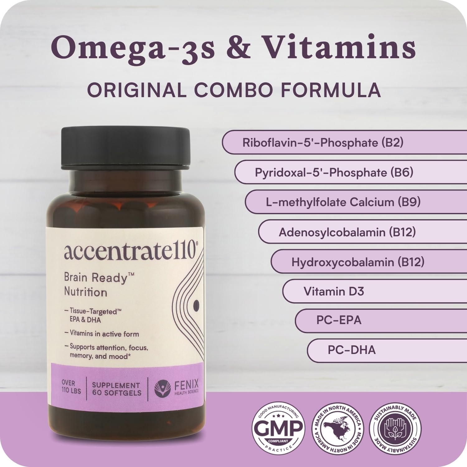 Accentrate110 - Focus Supplement - Methylated Vitamin B Complex with Omega 3 Fatty Acid Supplement - L-Methylfolate, Vitamin B12, P-5-P, Riboflavin, VIT D, – 60 Softgels (1 Month Supply) Accentrate Au supplements
