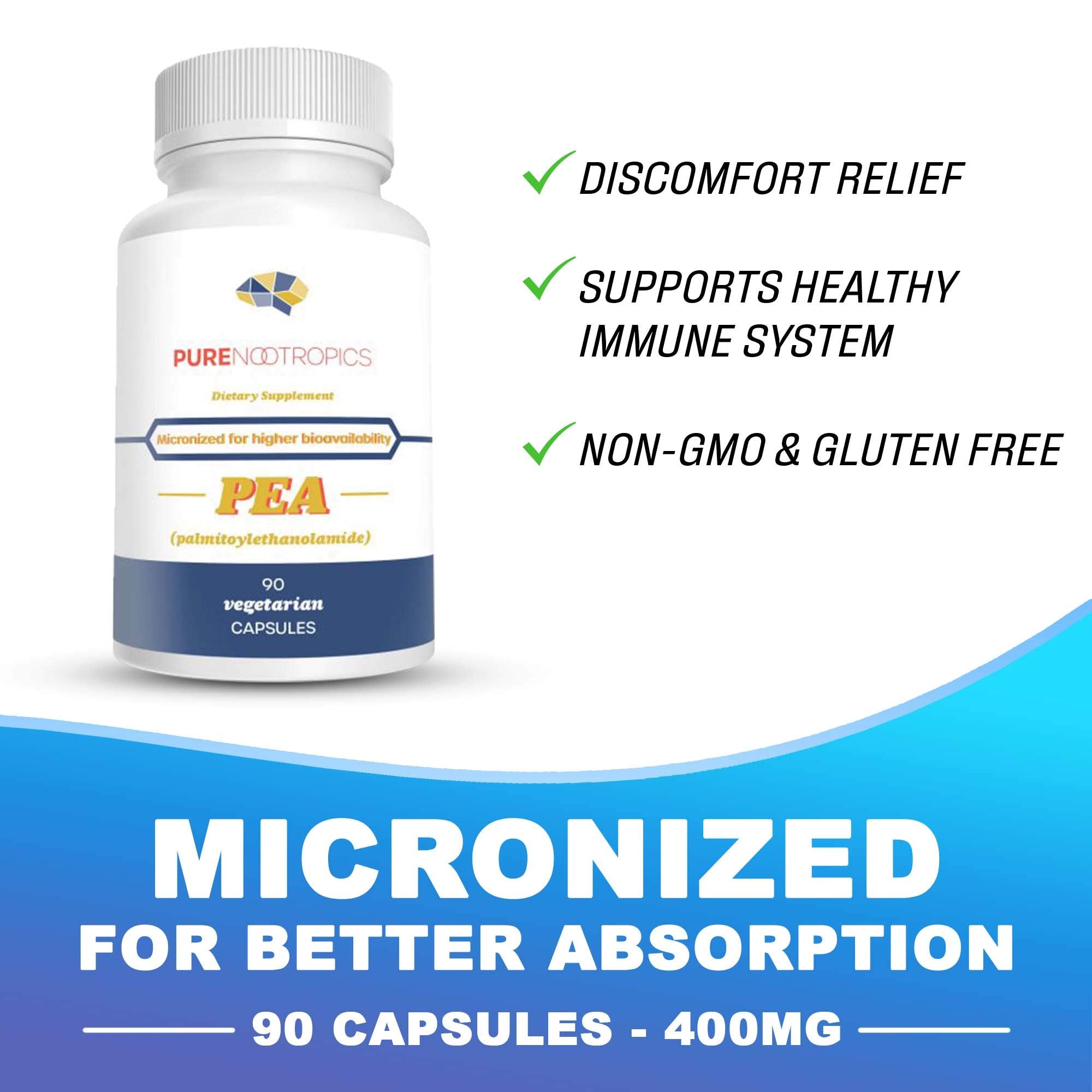 Pure Nootropics - Palmitoylethanolamide (Micronized Pea) 400 mg Capsules | 90 Veg Caps Value Pack | Supports Relief from Occasional Discomfort | Supports Immune System Pure Nootropics Au supplements