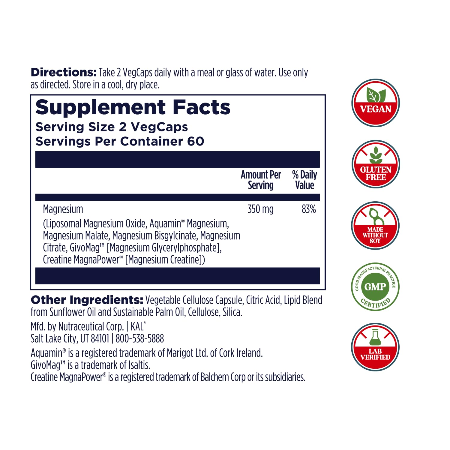 KAL Magnesium Complex 7 - Total Complex with Magnesium Glycinate, Citrate, Malate and More - Relaxation and Whole Body Support Supplements - Vegan, 60-Day Guarantee - 60 Servings - 120 VegCaps KAL Au supplements
