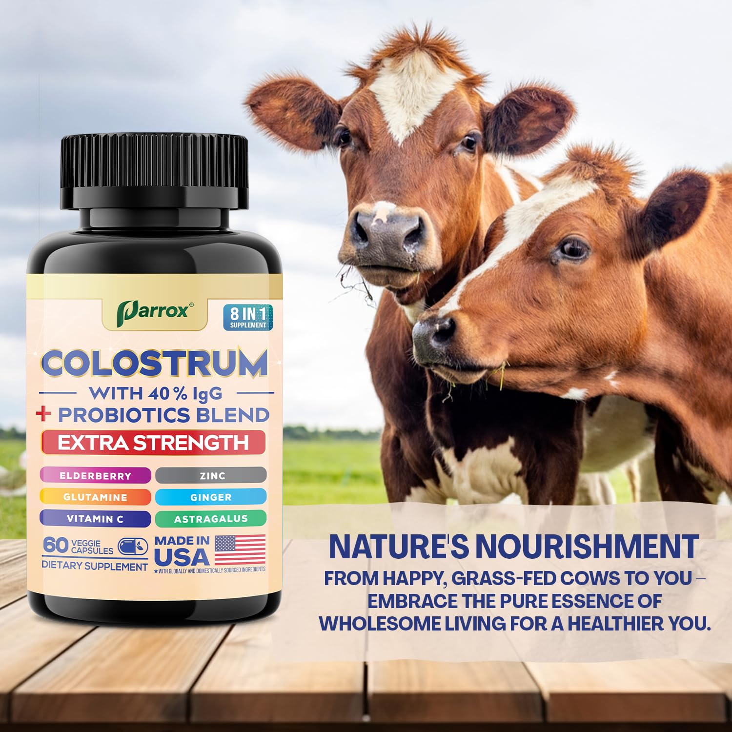 Parrox Colostrum Supplement Capsules, Grass Fed Cow Colostrum with 40% IgG, Probiotics Blend, Elderberry, Astragalus, Zinc, Ginger, Vitamin C, L-Glutamine, 8 in 1 Extra Strength Bovine Boost (60 Caps) Parrox Au supplements