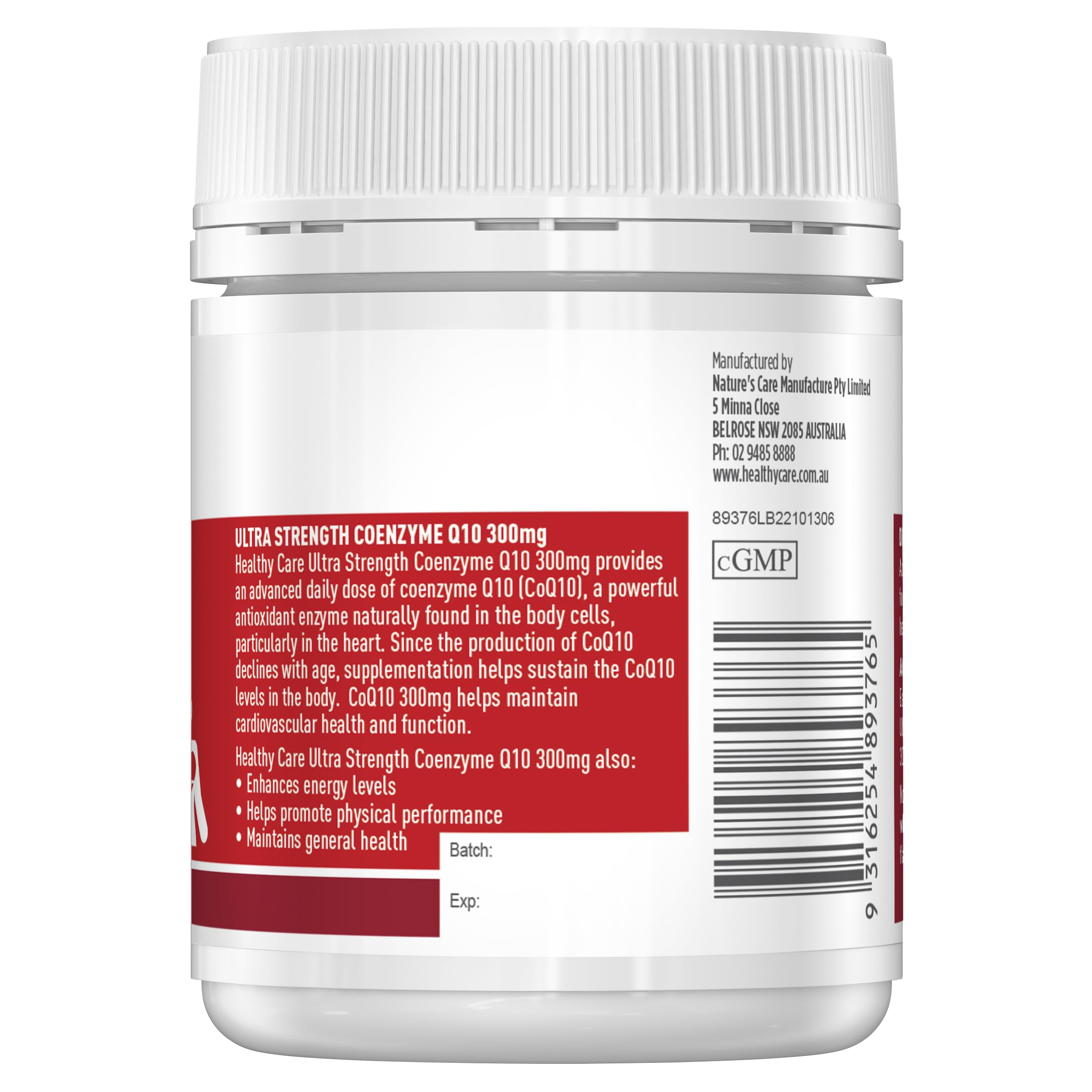 Healthy Care Ultra Strength 300mg Co Enzyme Q10 Capsules, Red, 60 Count | Supports