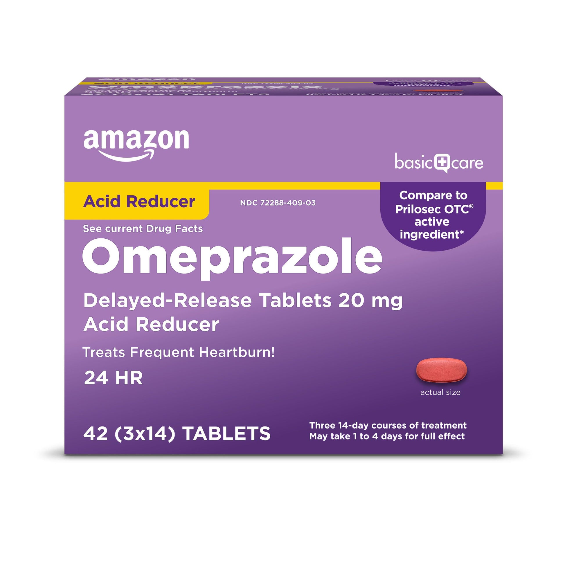 Amazon Basic Care Omeprazole Delayed Release Tablets 20 mg, Acid Reducer, treats frequent heartburn,, Cream, Regular, 42 Count (Pack of 1), 42 Count, Amazon Basic Care Au supplements