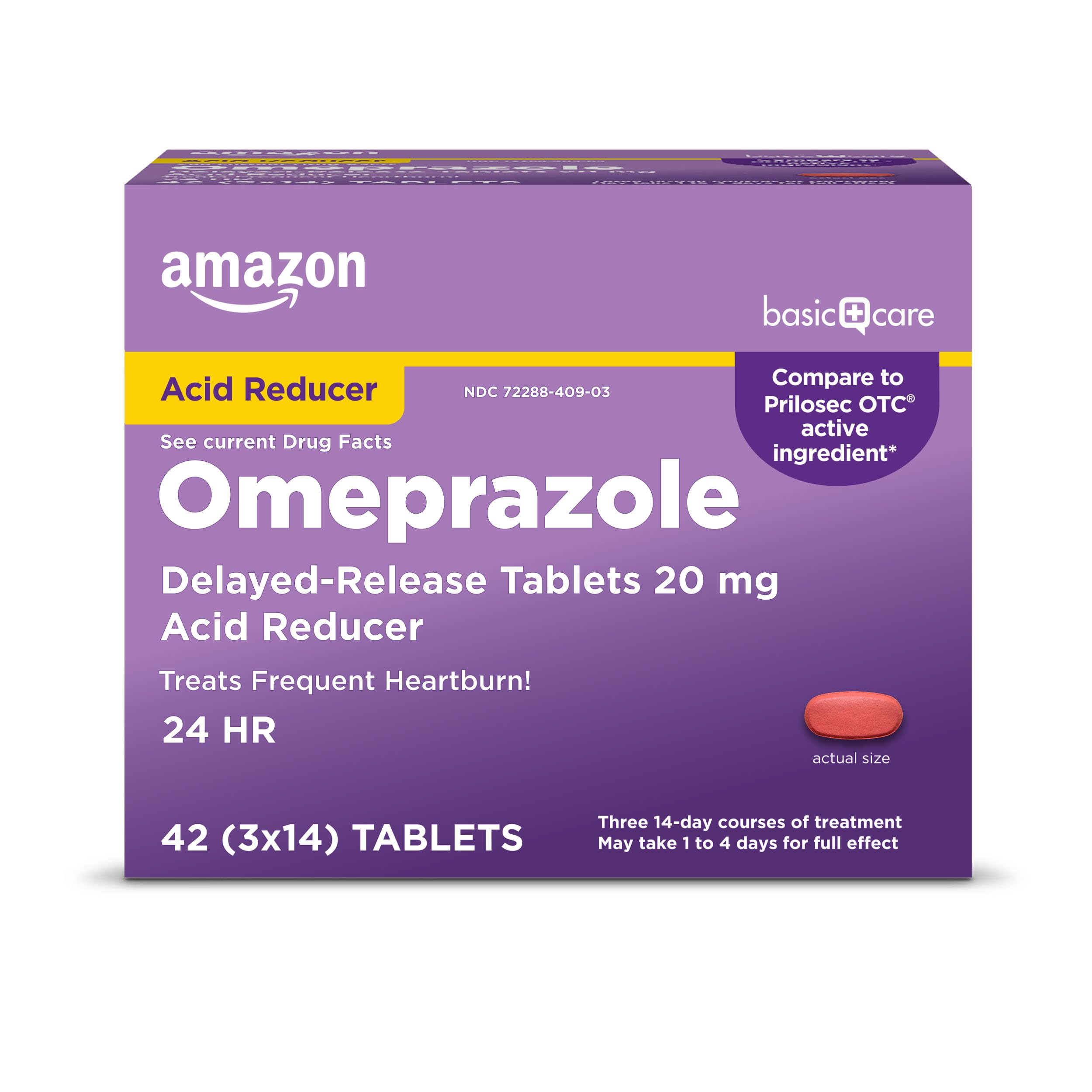 Amazon Basic Care Omeprazole Delayed Release Tablets 20 mg, Acid Reducer, treats frequent heartburn,, Cream, Regular, 42 Count (Pack of 1), 42 Count, Amazon Basic Care Au supplements